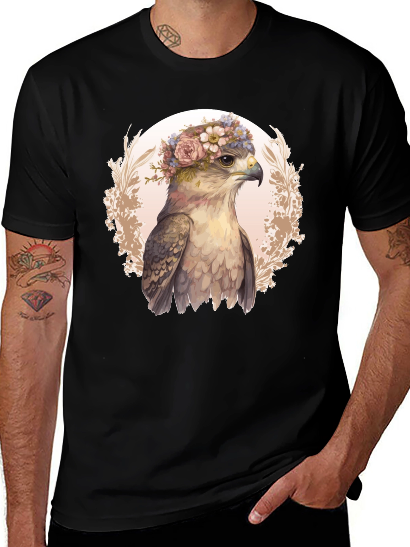 Floral Hawk Graphic Tee - Unique Bird T-Shirt