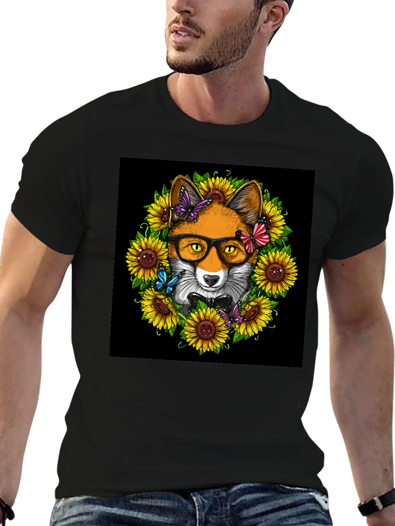 Fox Sunflower T-Shirt - Stylish Animal Graphic Tee