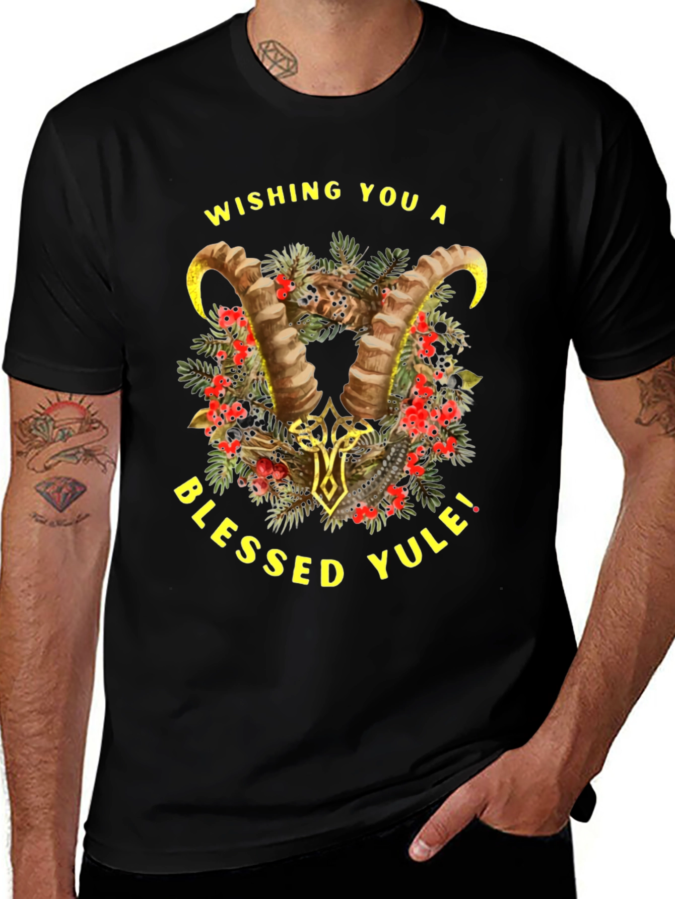 Blessed Yule T-Shirt with Ram Horns and Holiday Design