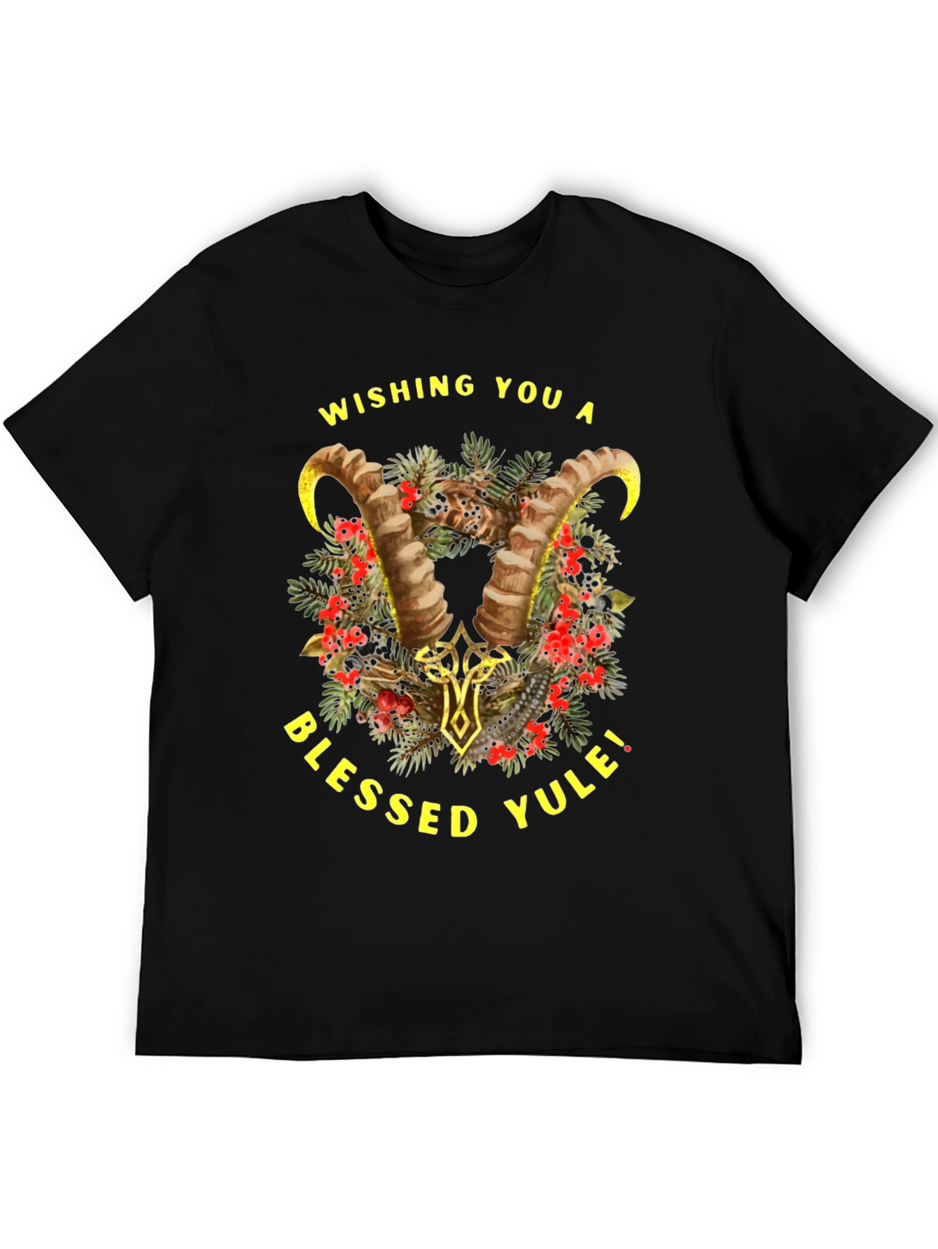 Blessed Yule T-Shirt with Ram Horns and Holiday Design