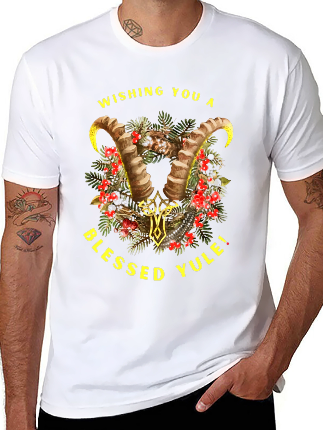 Blessed Yule T-Shirt with Ram Horns and Holiday Design