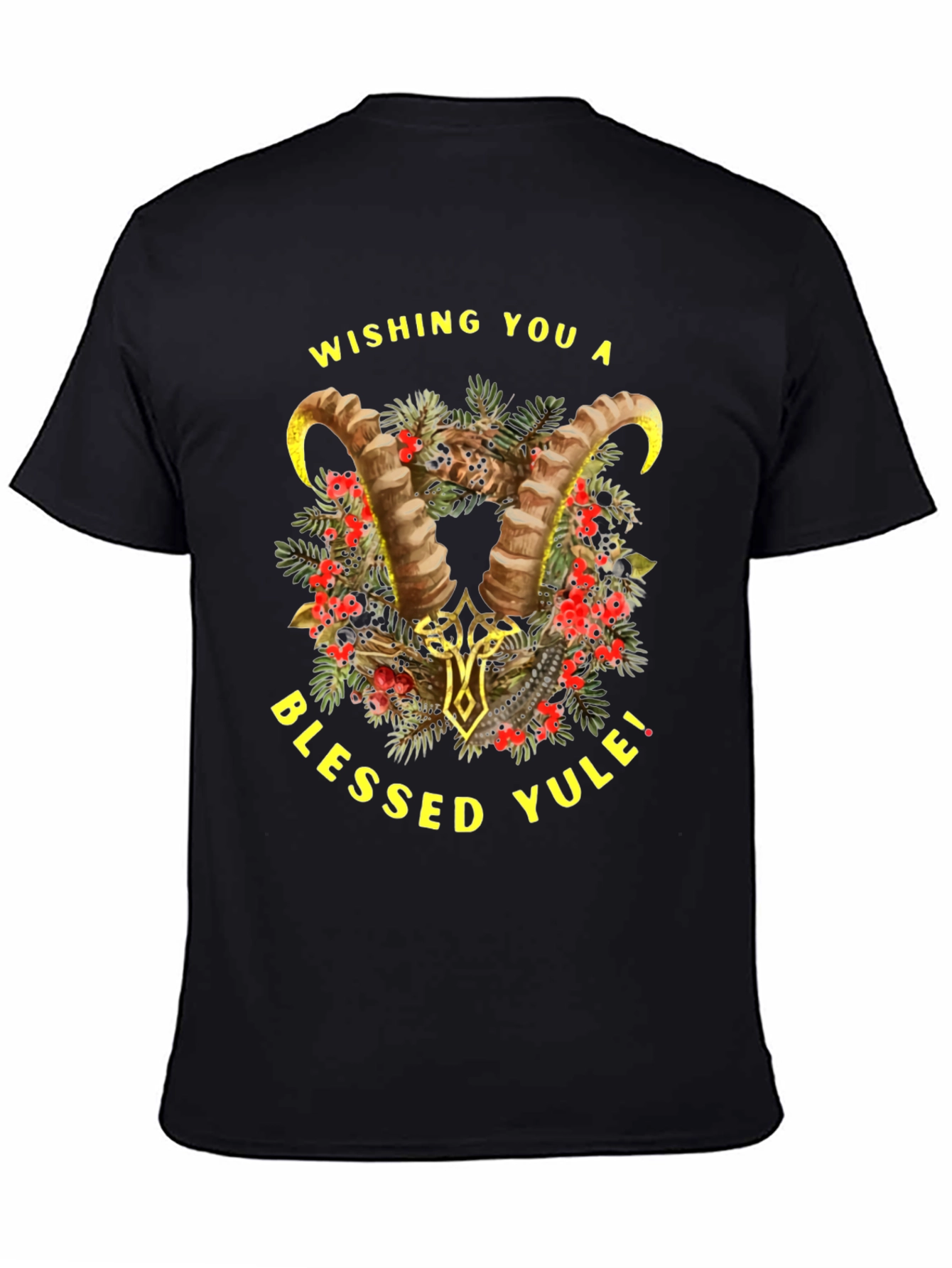 Blessed Yule T-Shirt with Ram Horns and Holiday Design