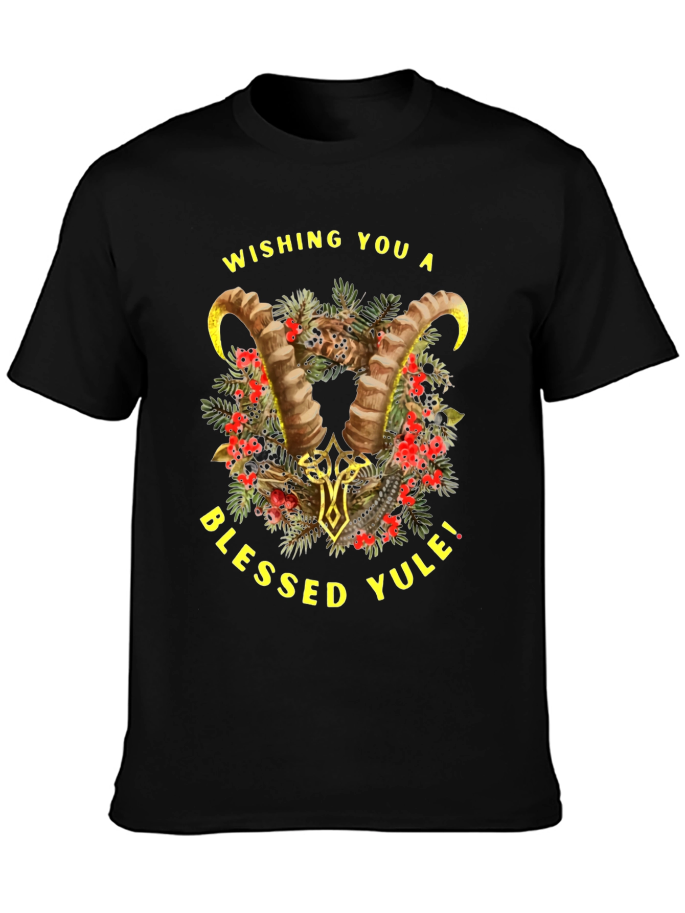 Blessed Yule T-Shirt with Ram Horns and Holiday Design