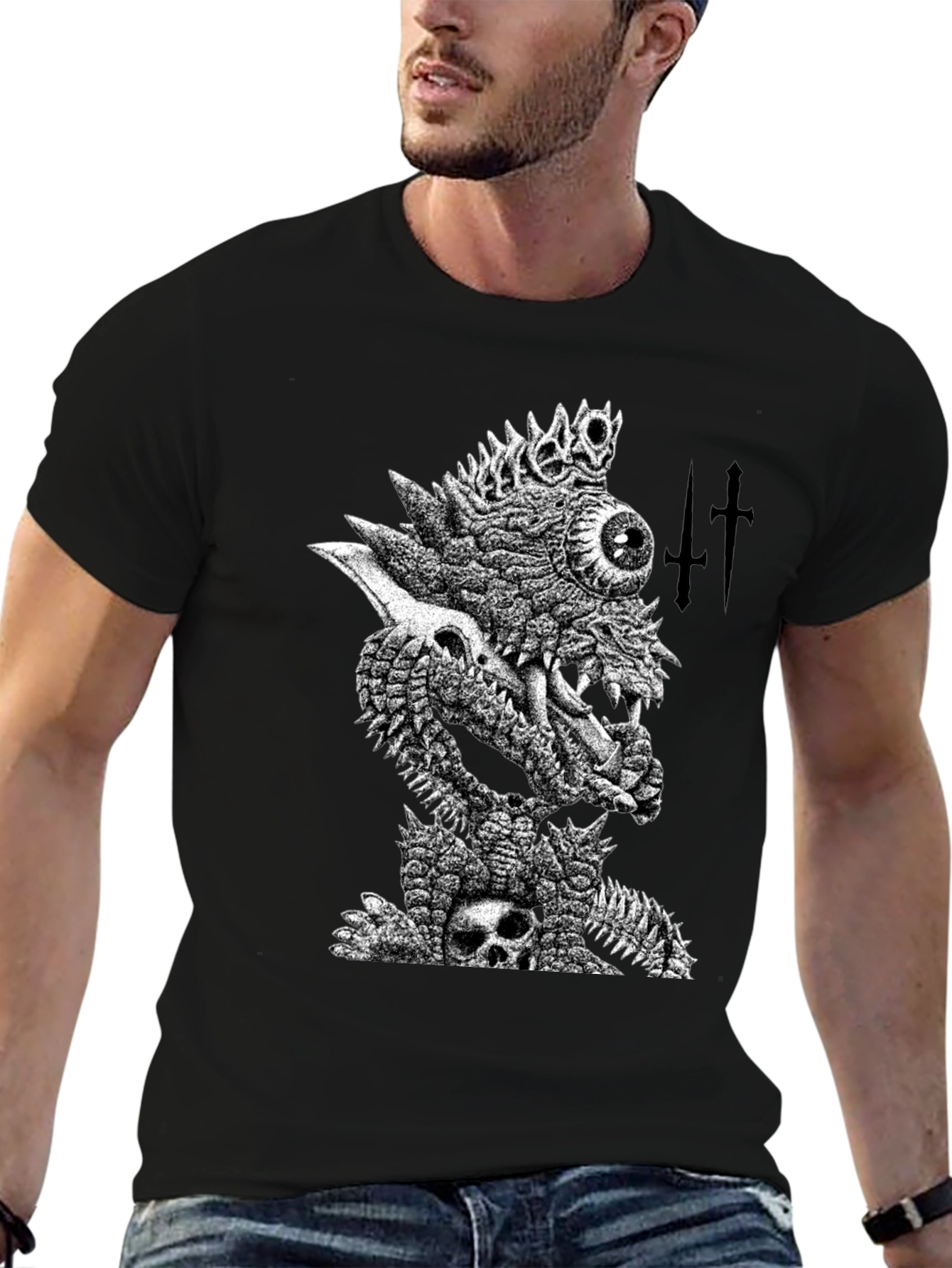 Black T-Shirt with Edgy Monster Graphic