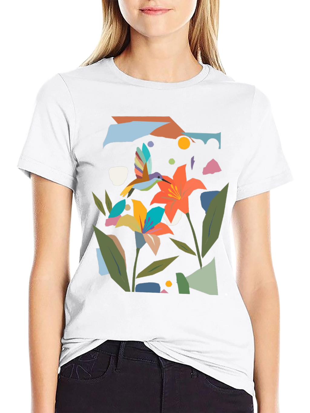 Abstract Floral & Hummingbird Black Graphic Tee