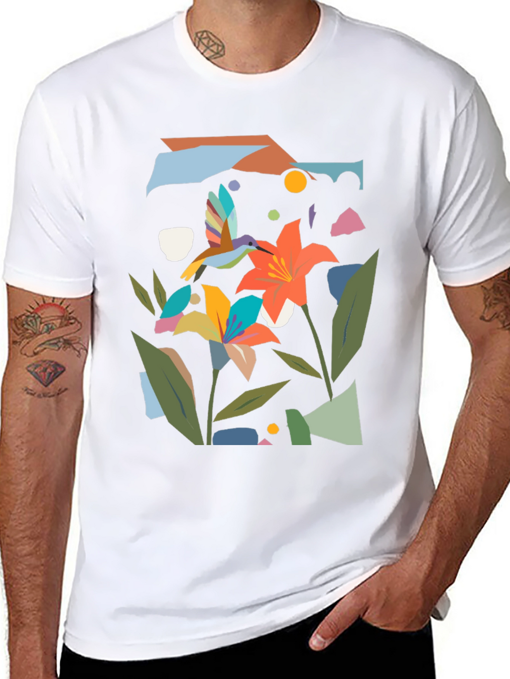 Abstract Floral & Hummingbird Black Graphic Tee