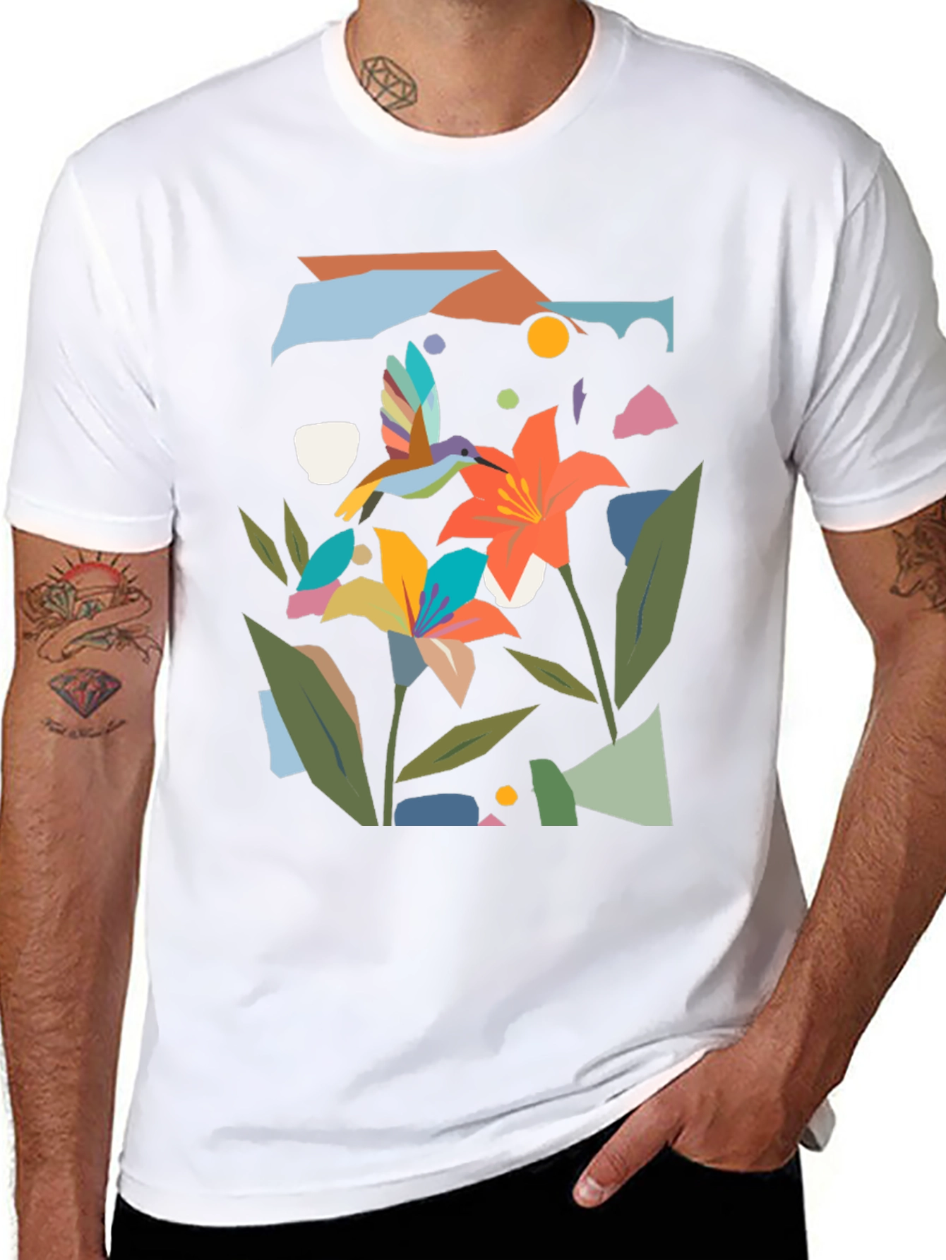 Abstract Floral & Hummingbird Black Graphic Tee