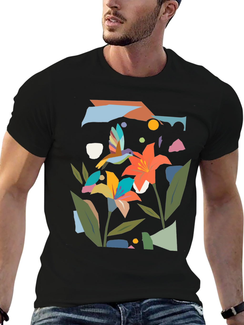 Abstract Floral & Hummingbird Black Graphic Tee