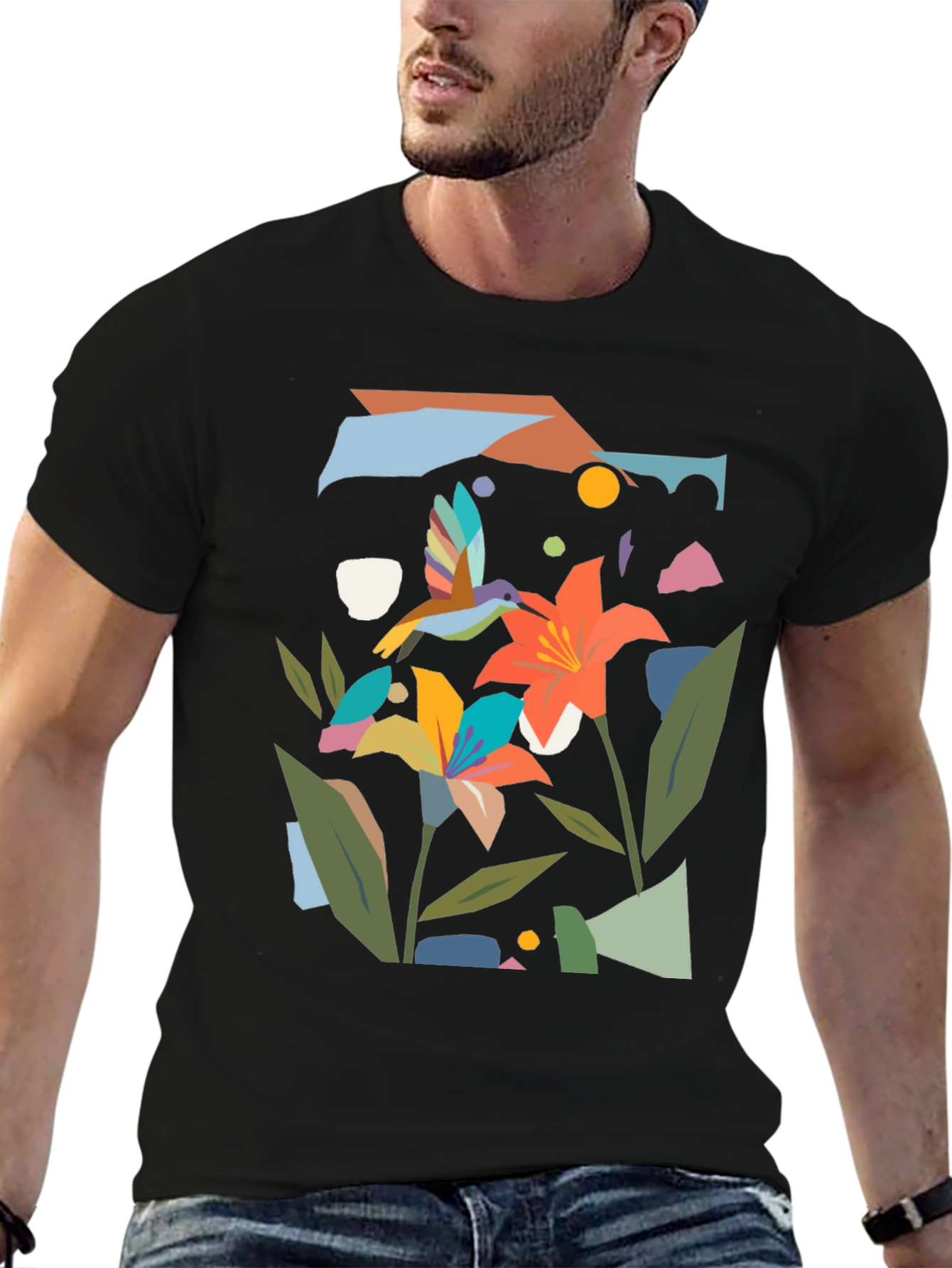Abstract Floral & Hummingbird Black Graphic Tee
