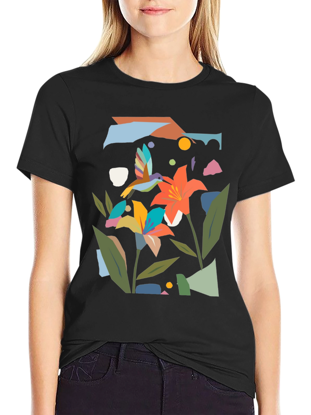 Abstract Floral & Hummingbird Black Graphic Tee
