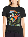 Abstract Floral & Hummingbird Black Graphic Tee