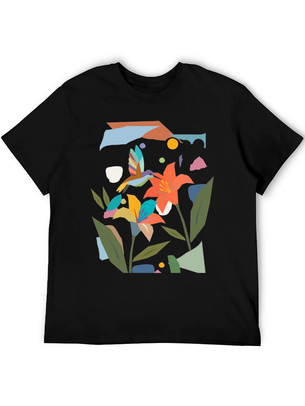 Abstract Floral & Hummingbird Black Graphic Tee