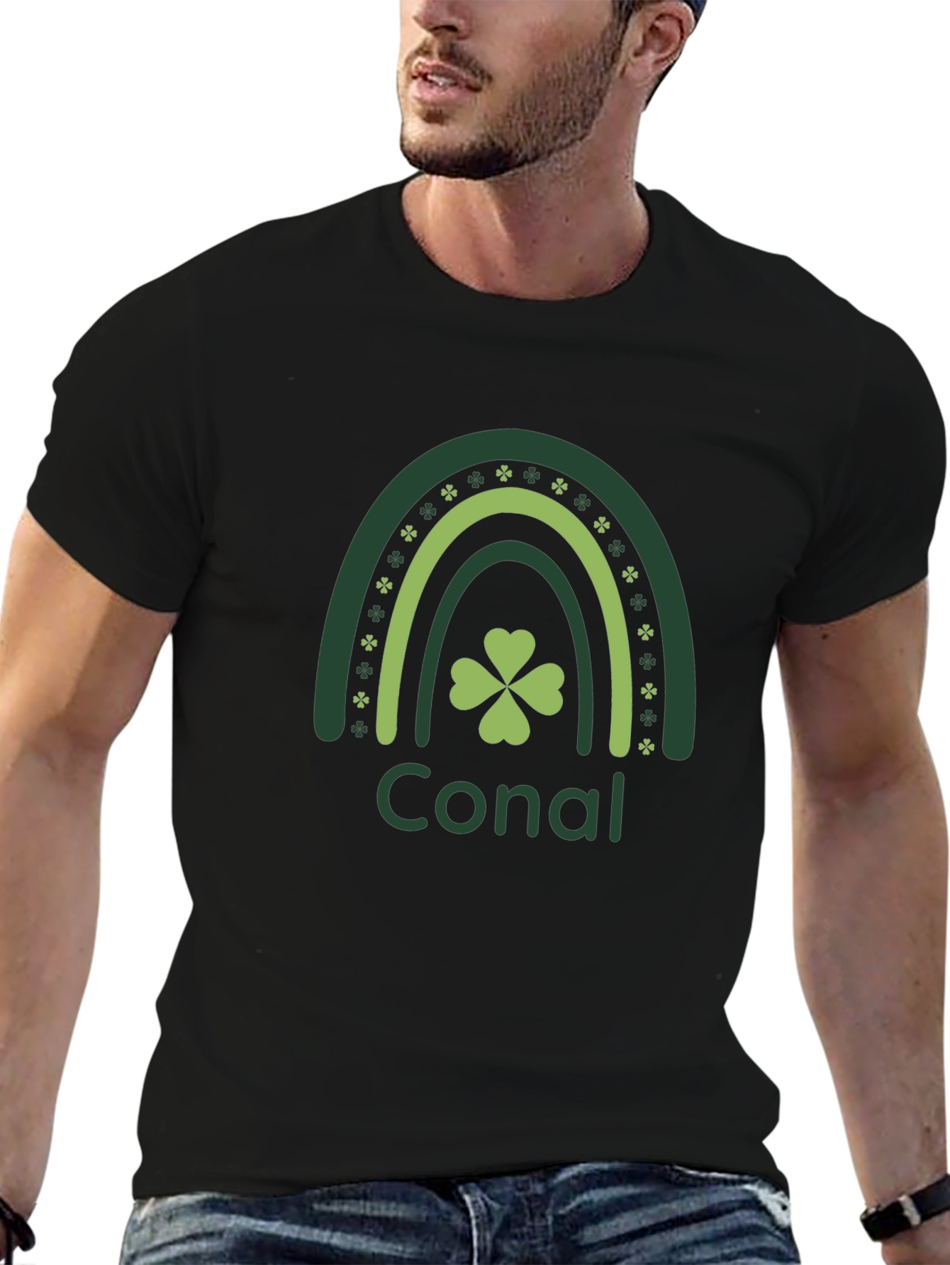 St. Patricks Day Conal Rainbow Clover Black T-Shirt