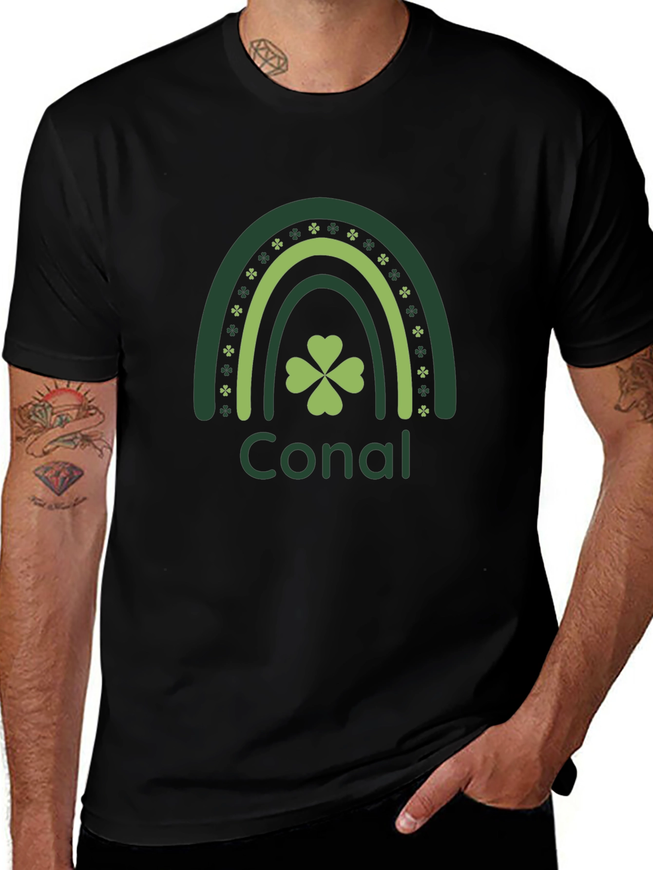 St. Patricks Day Conal Rainbow Clover Black T-Shirt