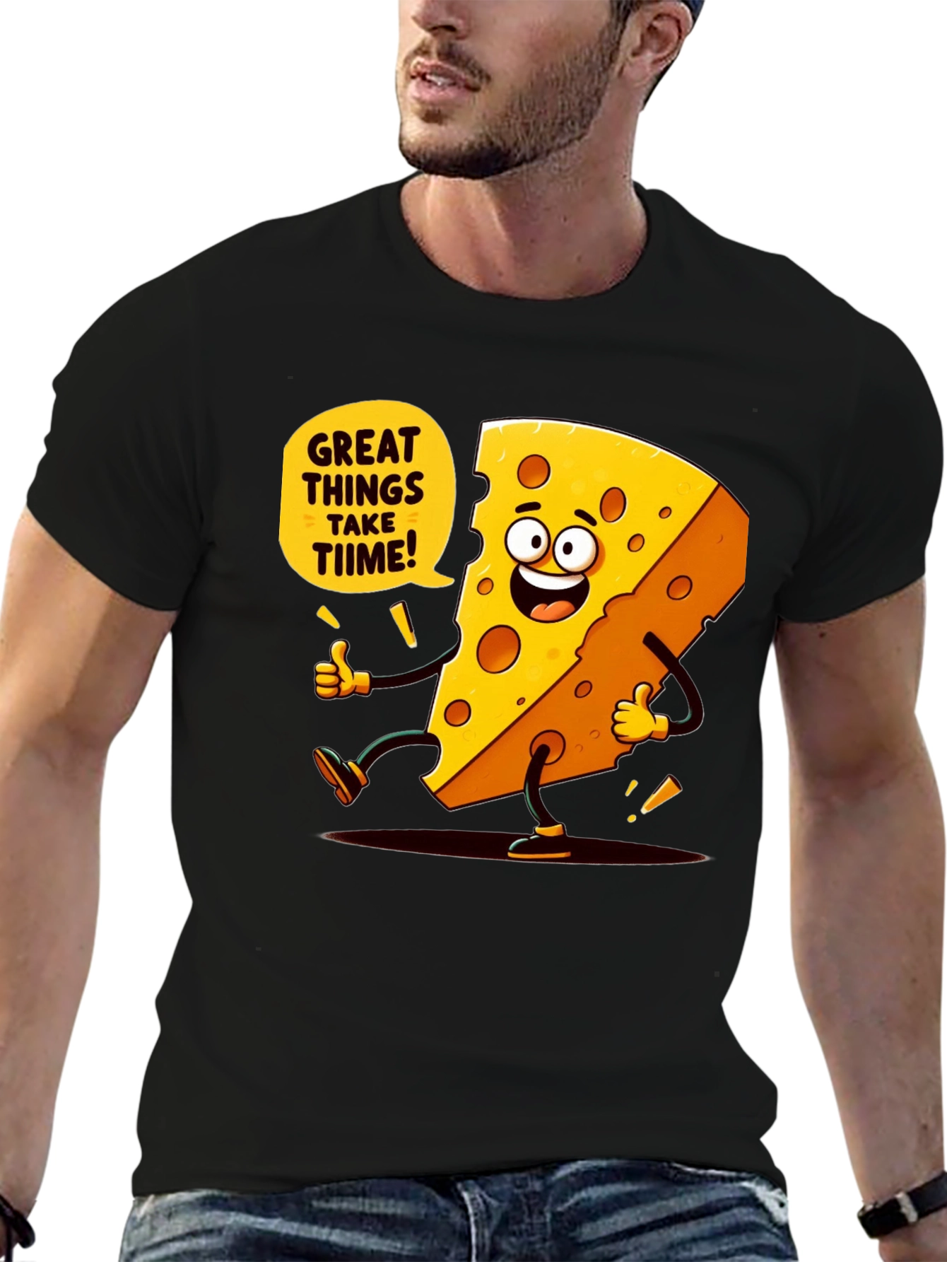 Funny Cheese Cartoon Black T-Shirt