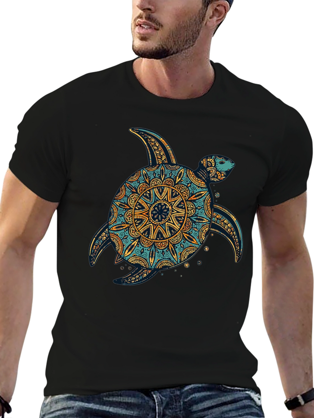 Turtle Mandala Print Black T-Shirt