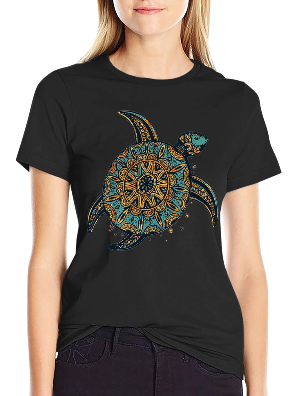 Turtle Mandala Print Black T-Shirt