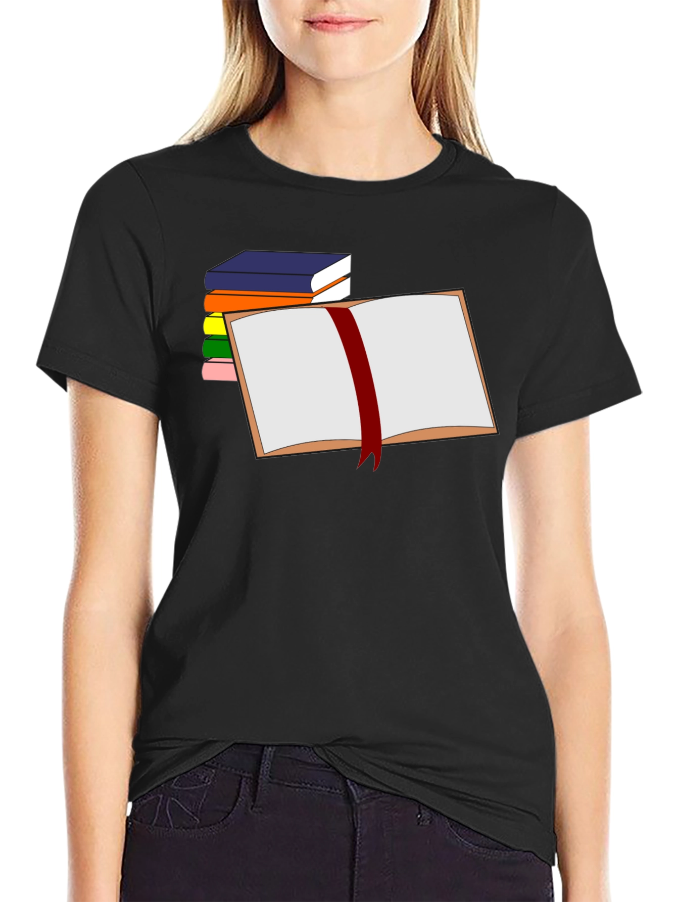 Book Lover T-Shirt - Open Book & Stacked Books Design