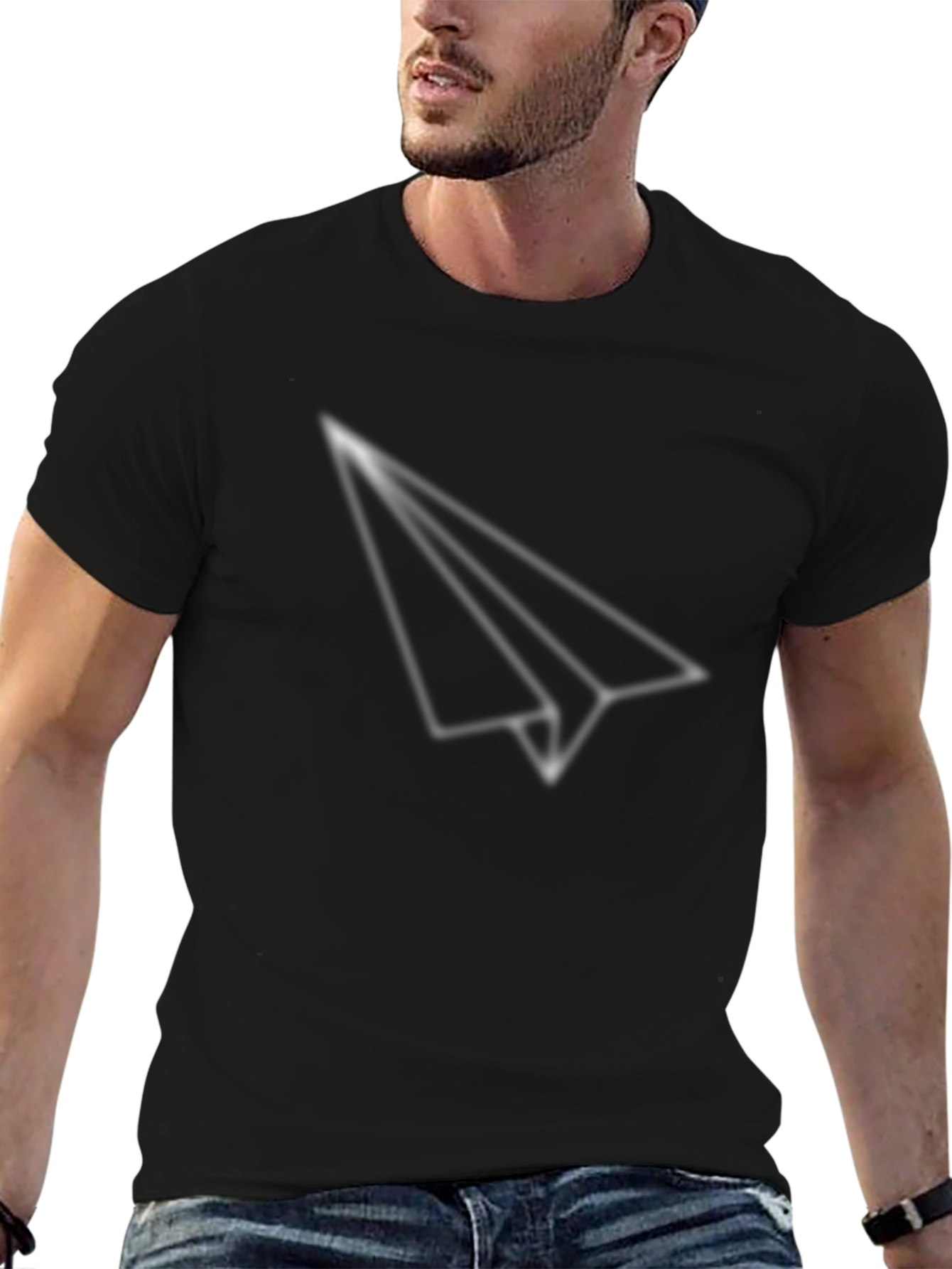 Mens Black T-Shirt with Paper Airplane Design