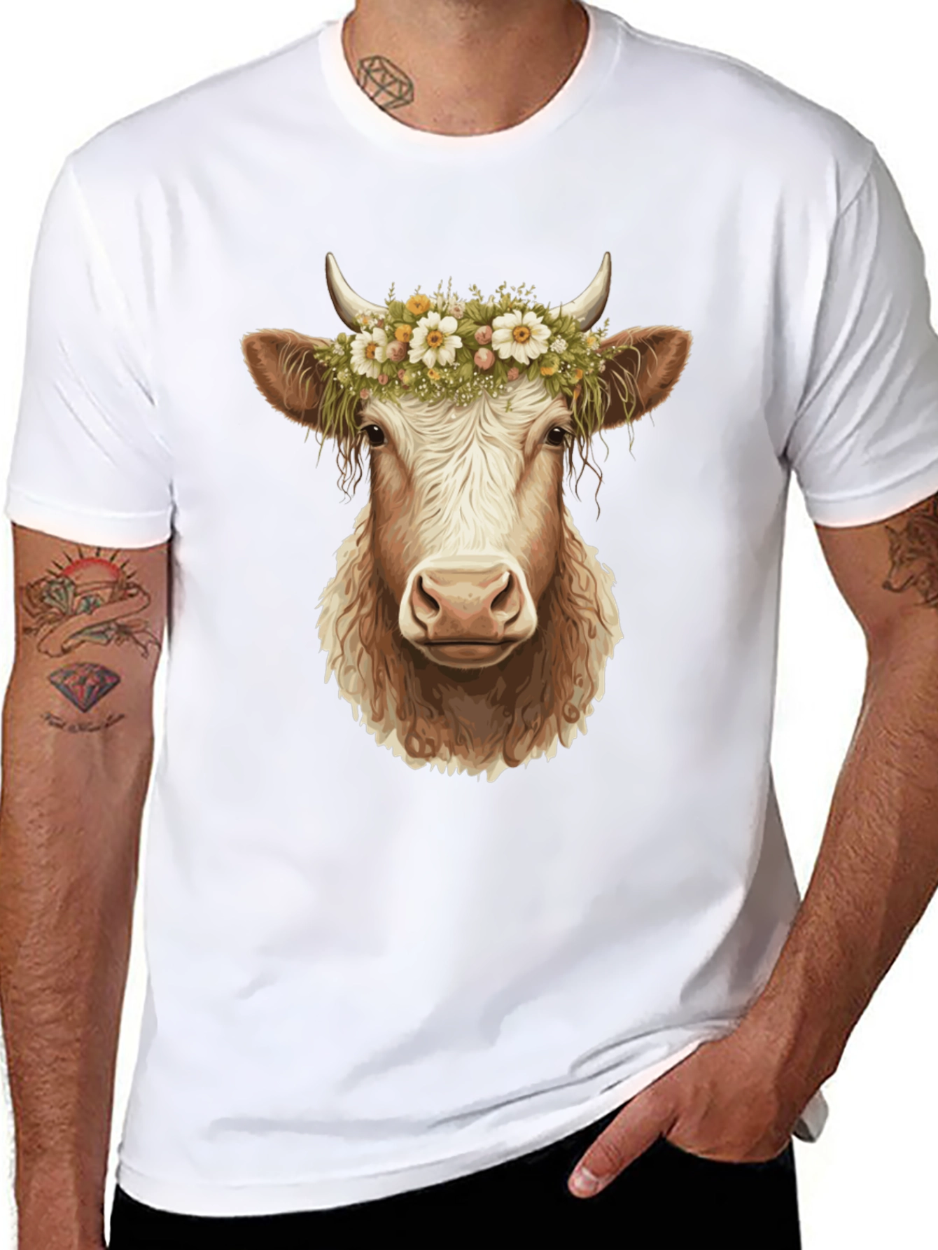 Cow with Flower Crown Graphic Tee - Black