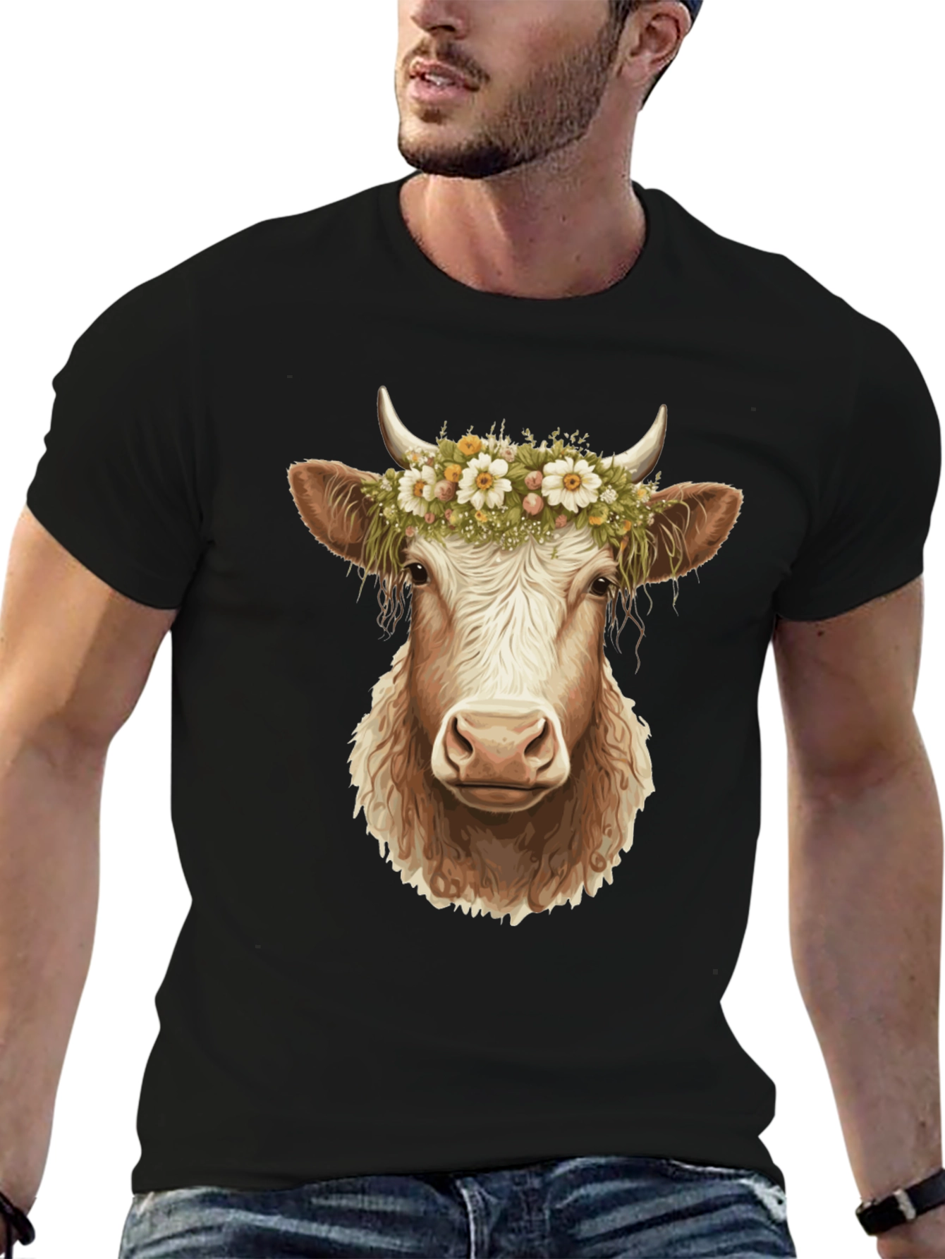 Cow with Flower Crown Graphic Tee - Black