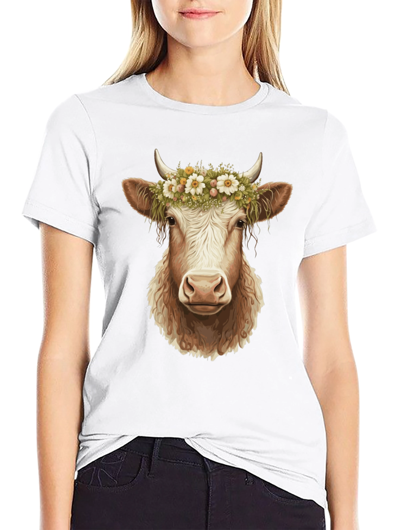 Cow with Flower Crown Graphic Tee - Black