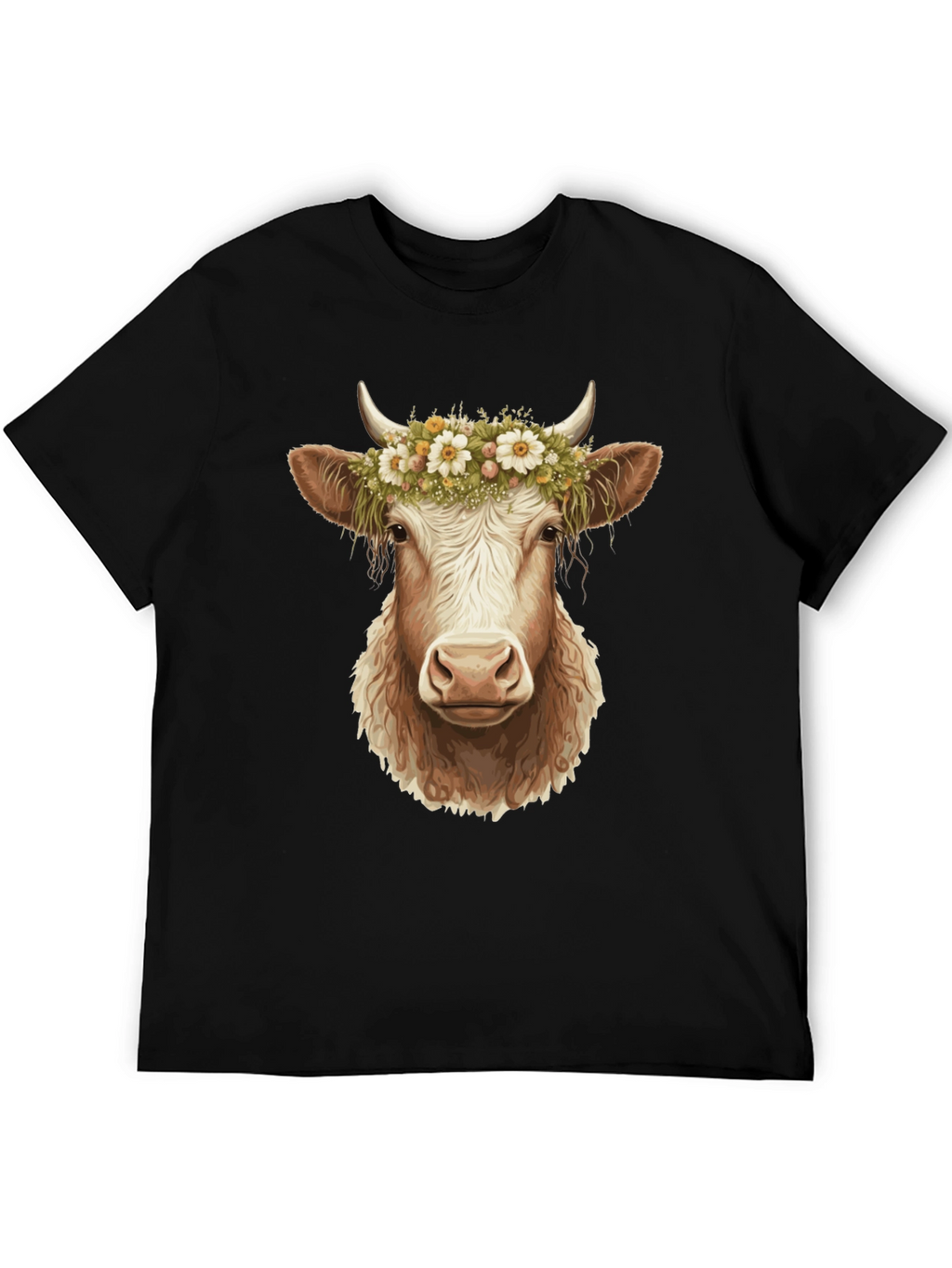 Cow with Flower Crown Graphic Tee - Black
