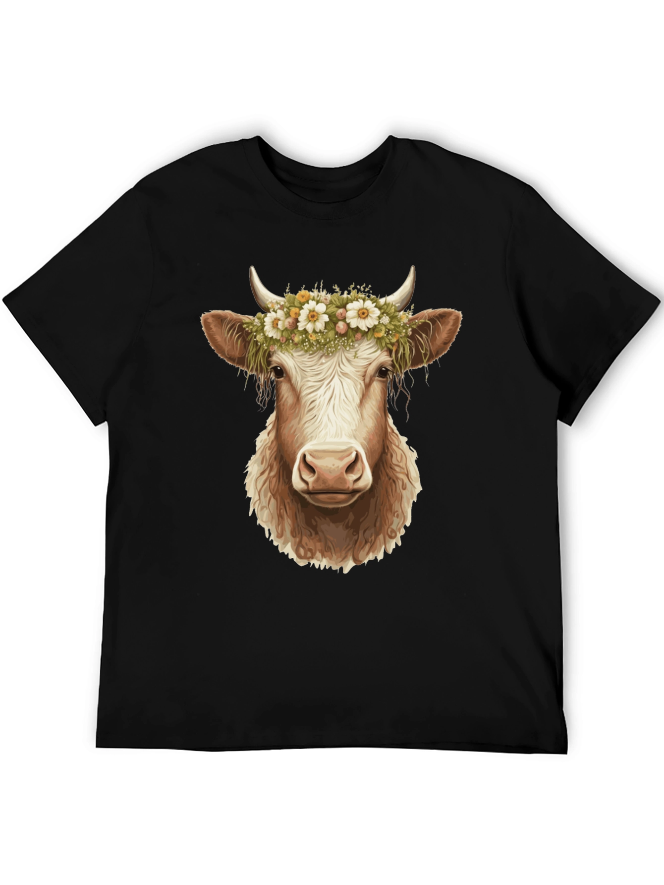 Cow with Flower Crown Graphic Tee - Black