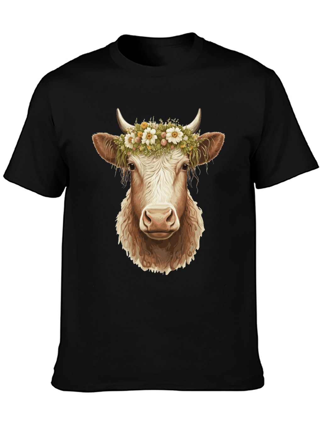 Cow with Flower Crown Graphic Tee - Black