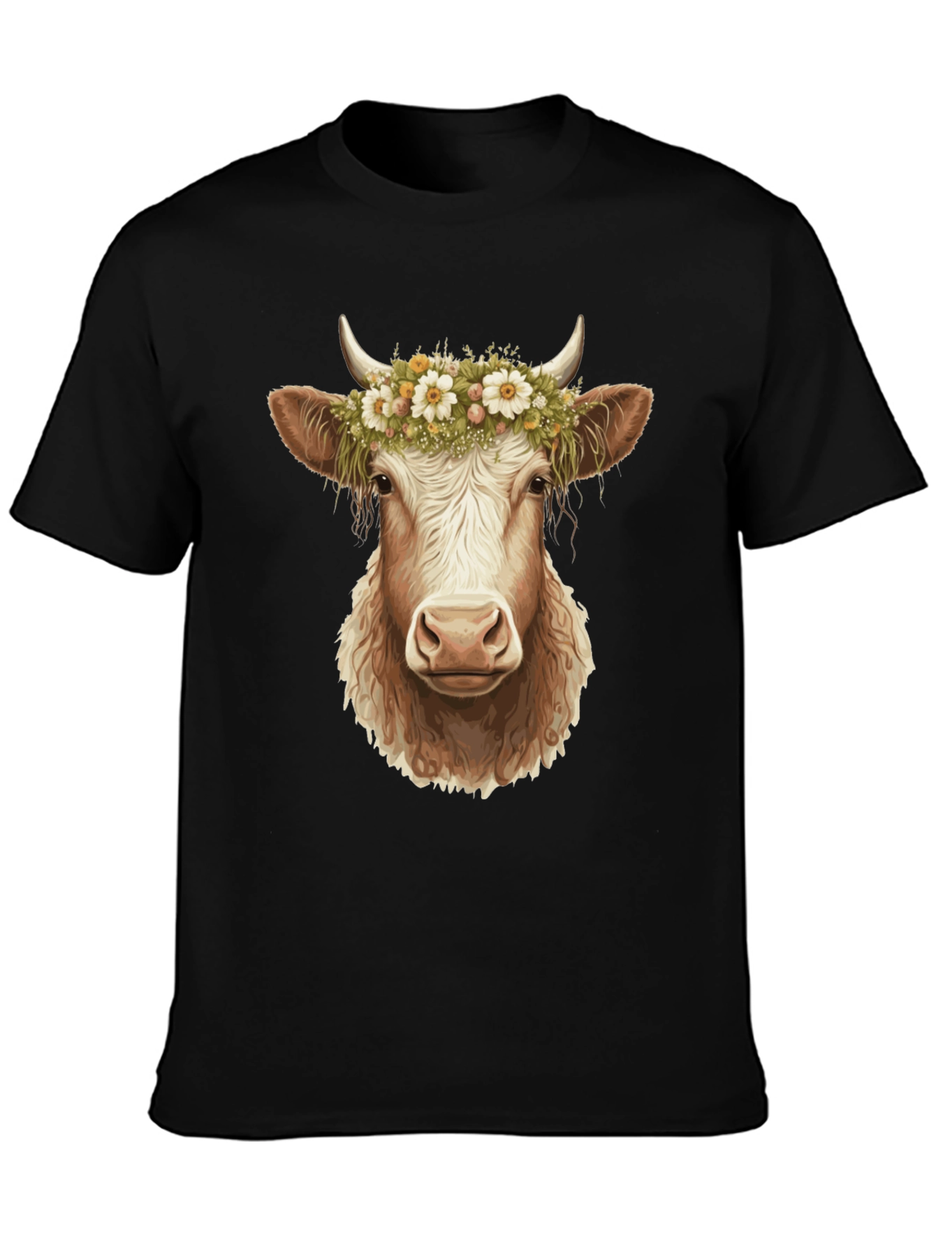 Cow with Flower Crown Graphic Tee - Black