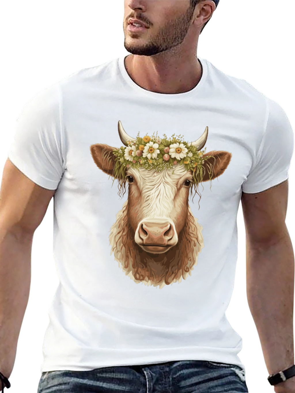 Cow with Flower Crown Graphic Tee - Black