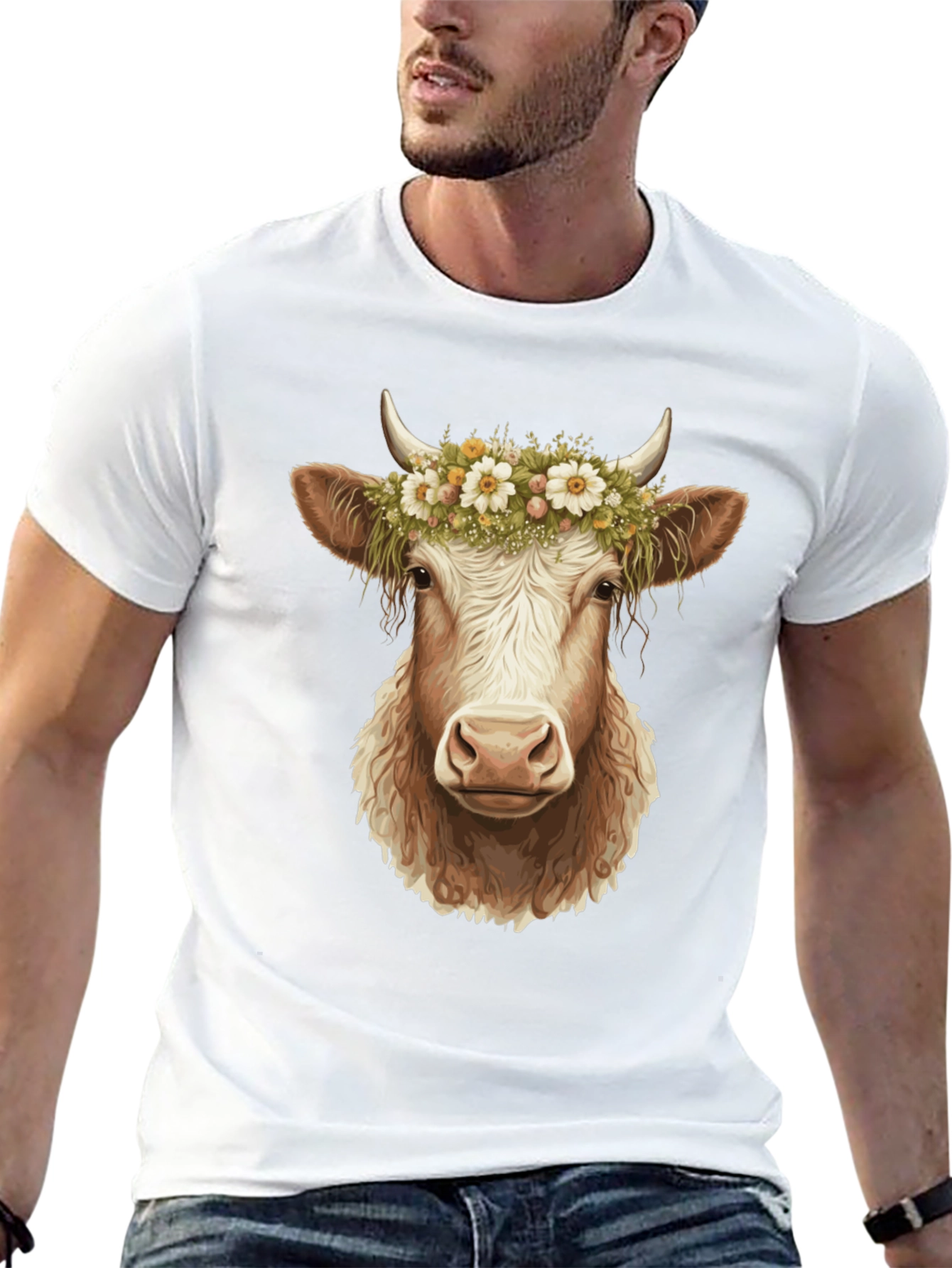 Cow with Flower Crown Graphic Tee - Black