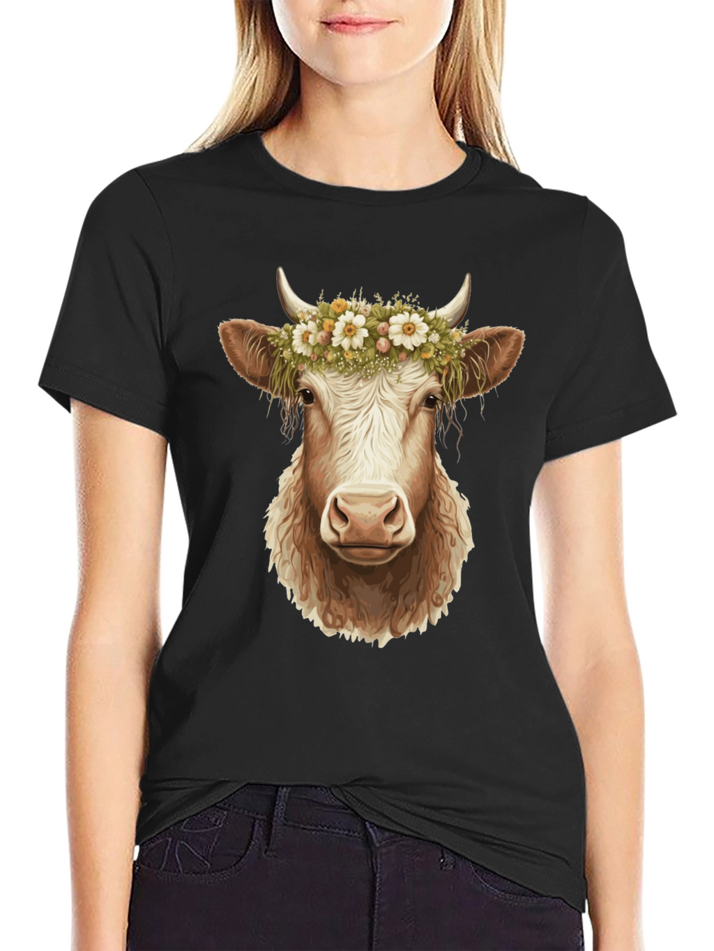 Cow with Flower Crown Graphic Tee - Black