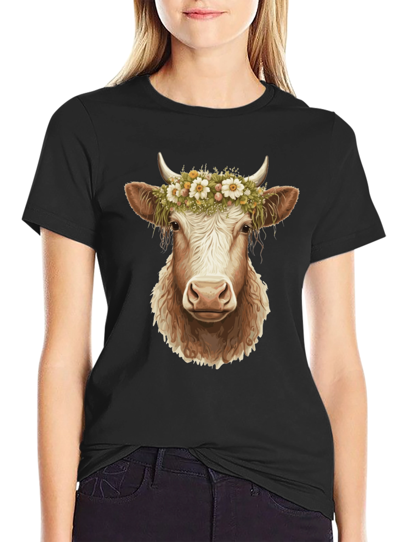 Cow with Flower Crown Graphic Tee - Black