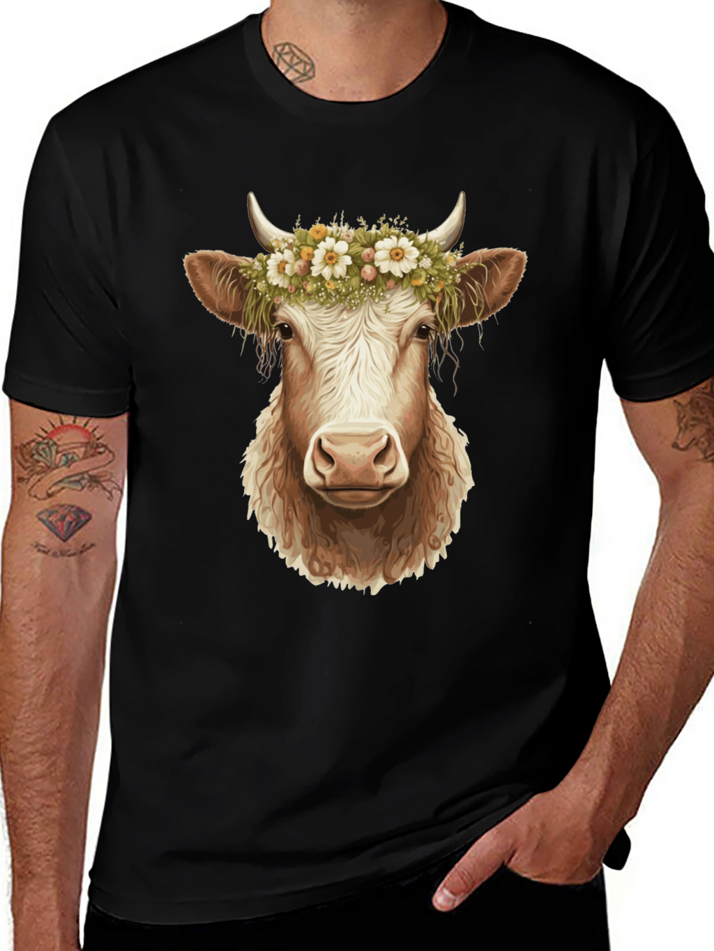 Cow with Flower Crown Graphic Tee - Black