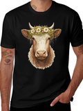 Cow with Flower Crown Graphic Tee - Black