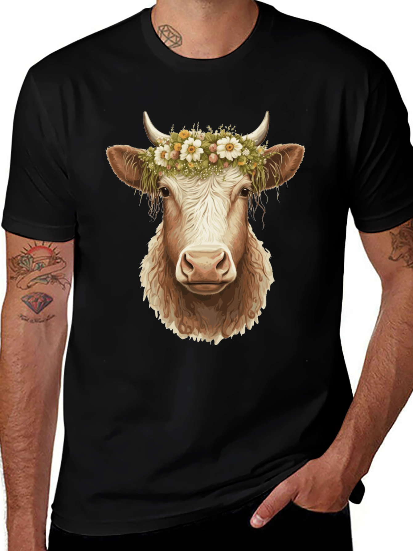 Cow with Flower Crown Graphic Tee - Black