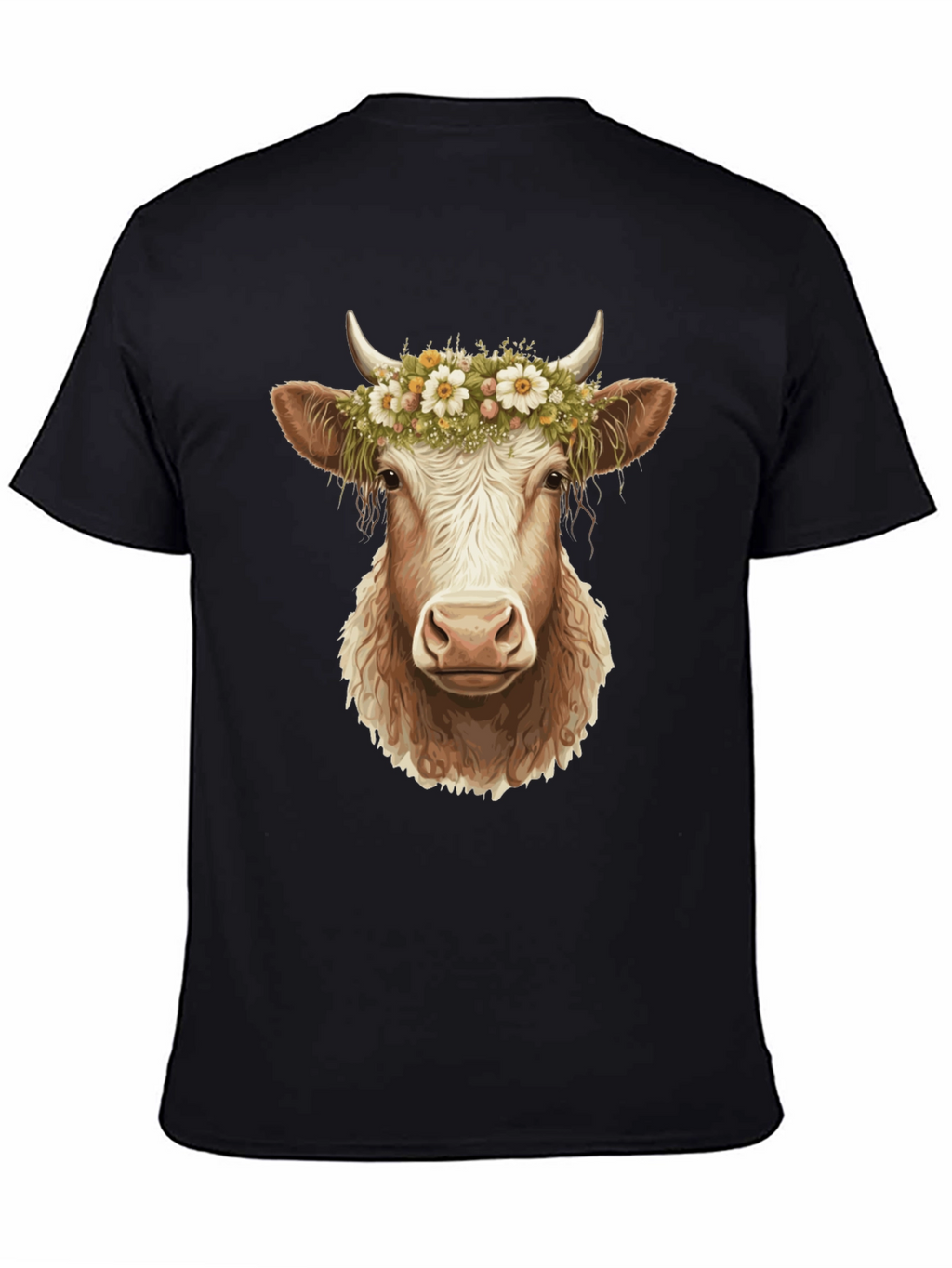 Cow with Flower Crown Graphic Tee - Black