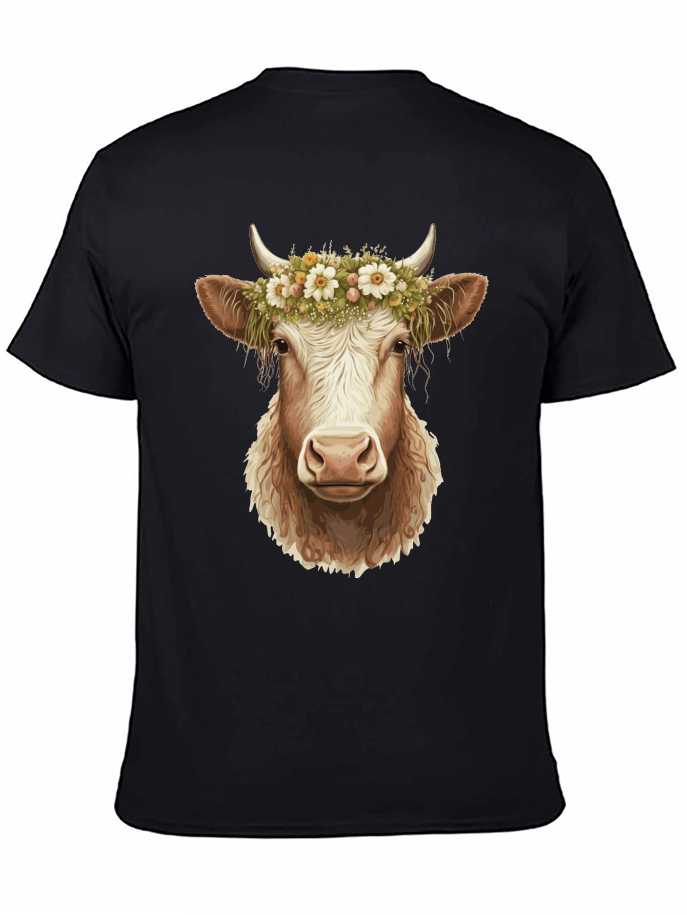 Cow with Flower Crown Graphic Tee - Black
