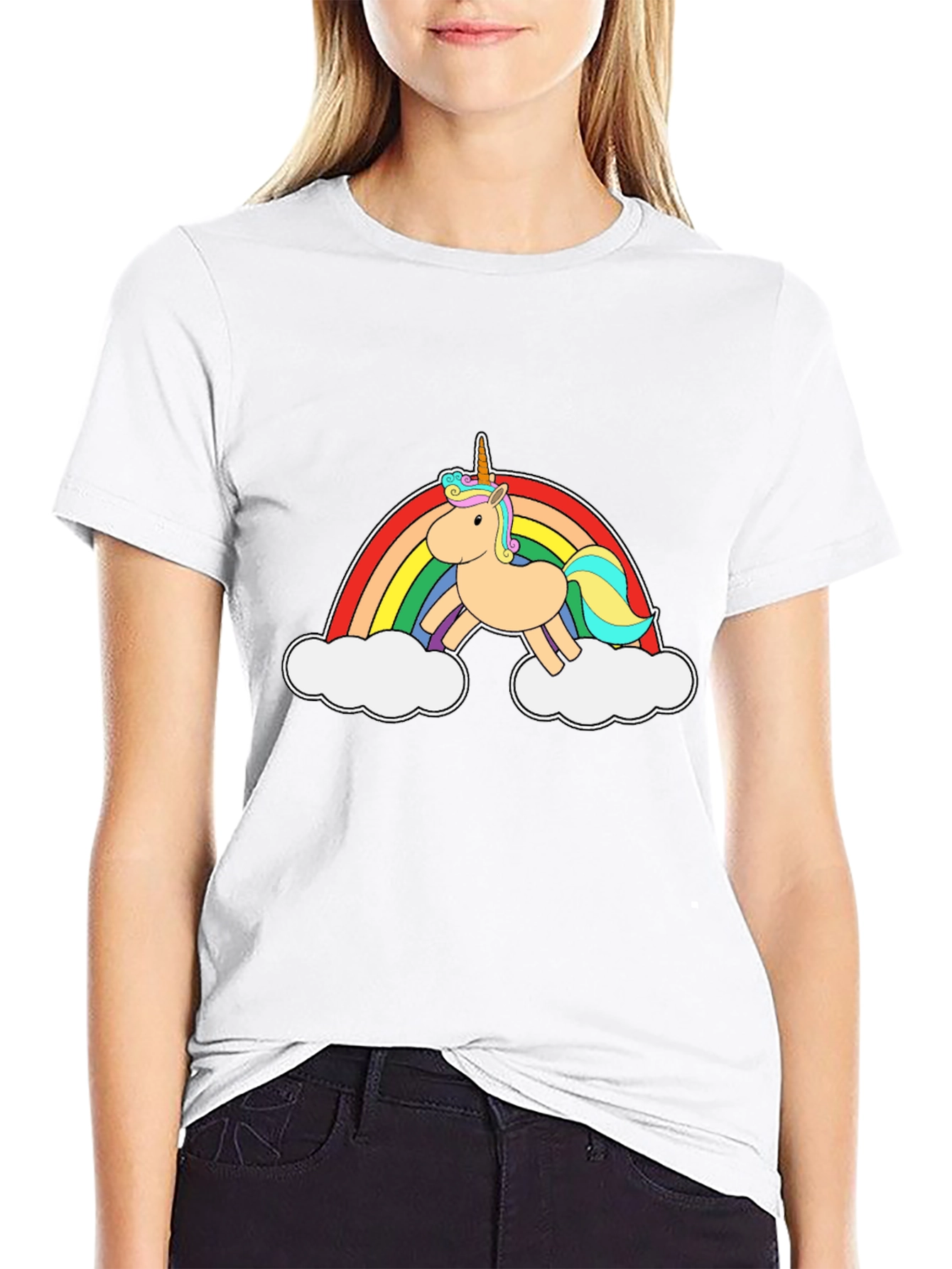 Unicorn Rainbow Graphic Tee - Black Cotton Casual T-Shirt