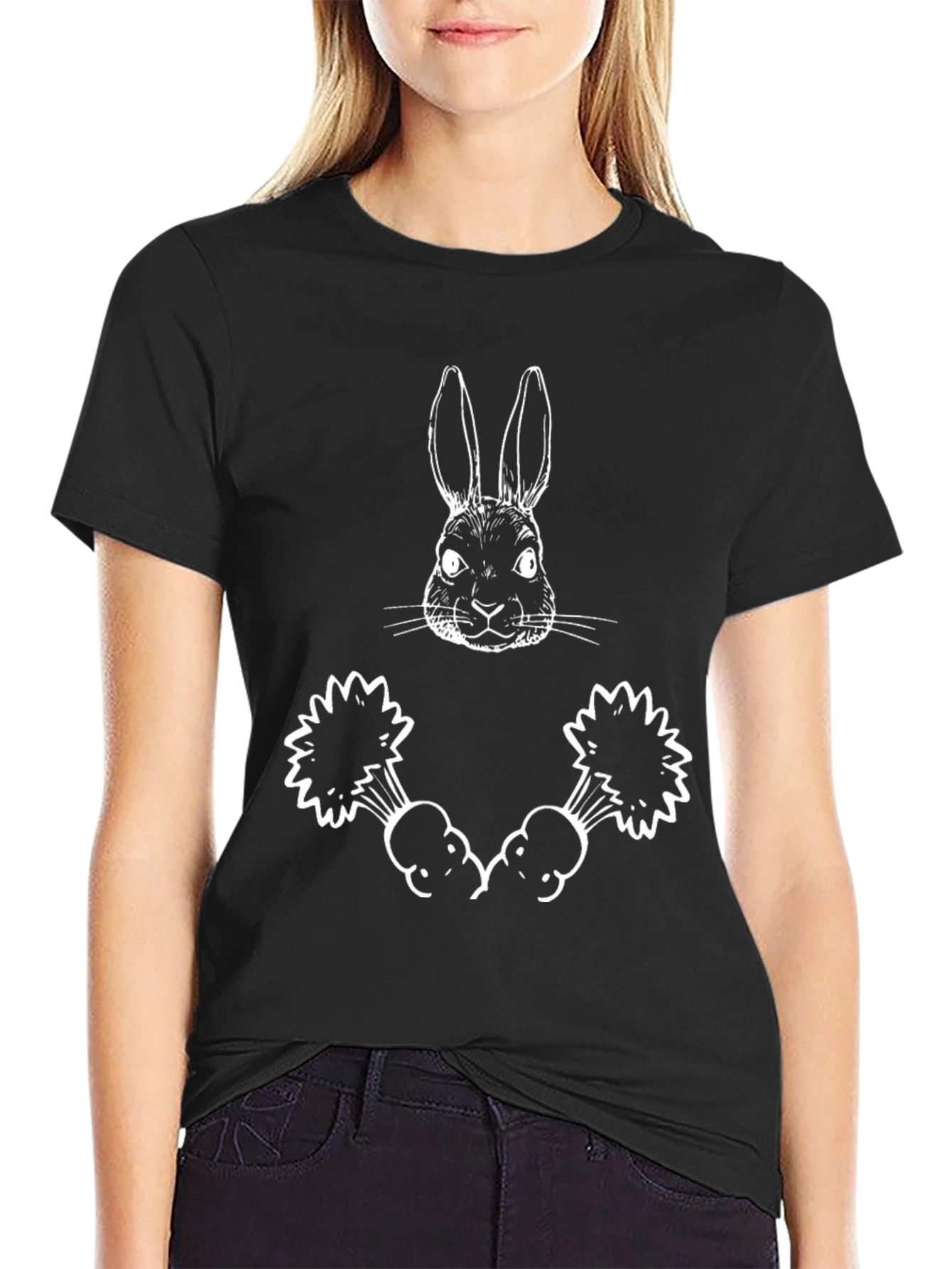 Rabbit Head & Carrots Graphic Tee - Black Cotton Shirt