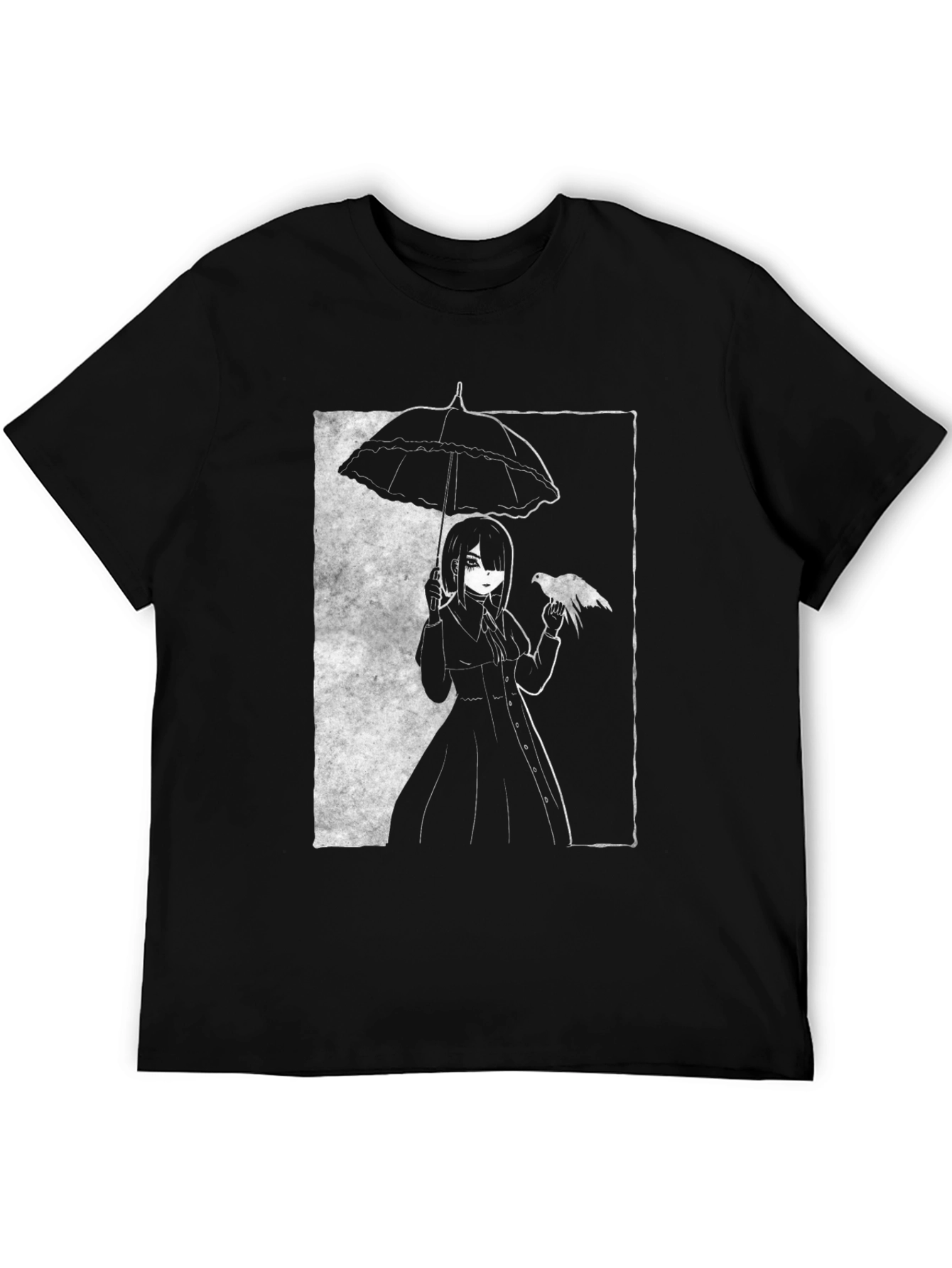 Gothic Anime Girl Tee - Bird & Umbrella Black Shirt