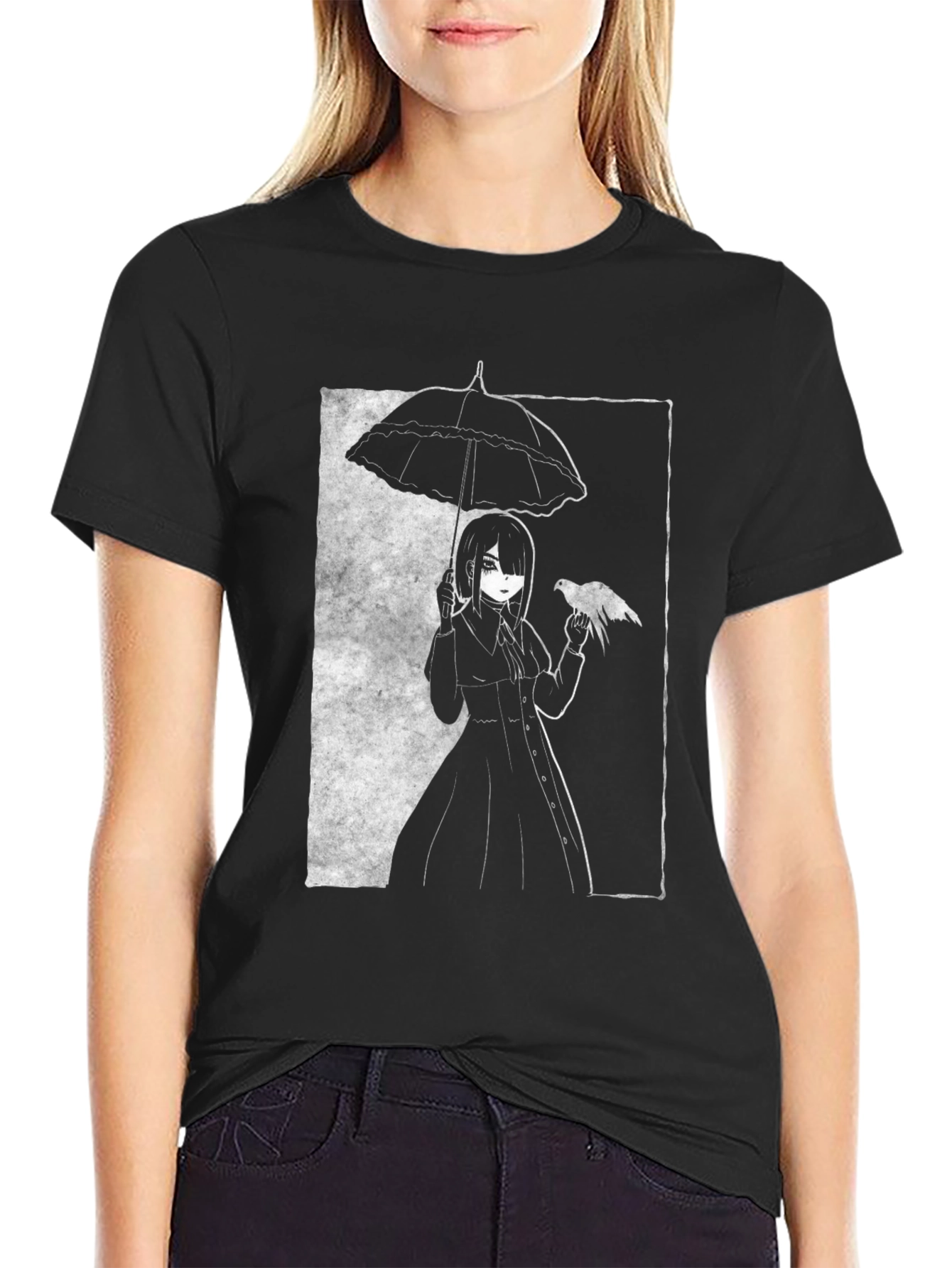 Gothic Anime Girl Tee - Bird & Umbrella Black Shirt