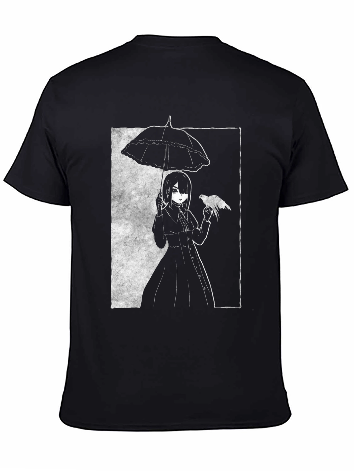 Gothic Anime Girl Tee - Bird & Umbrella Black Shirt