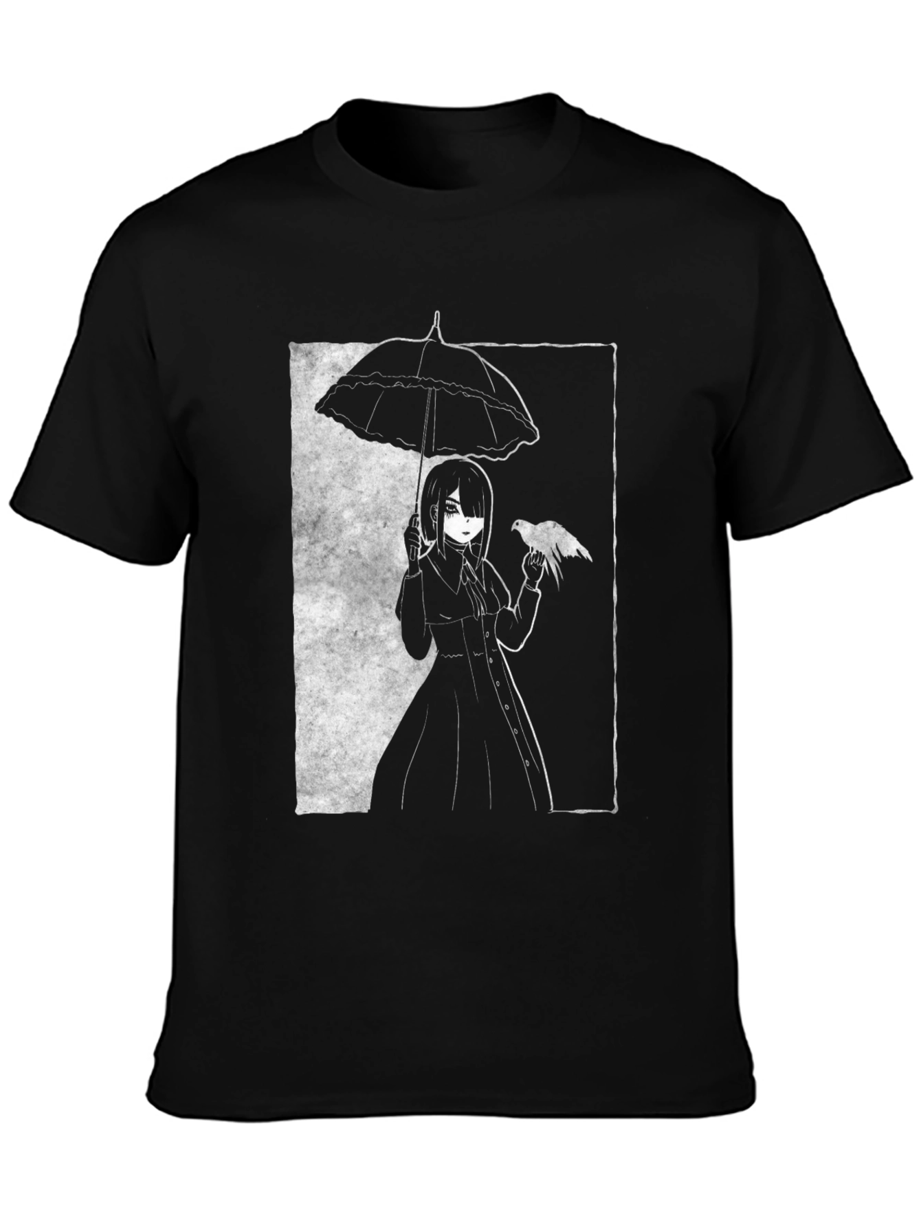Gothic Anime Girl Tee - Bird & Umbrella Black Shirt