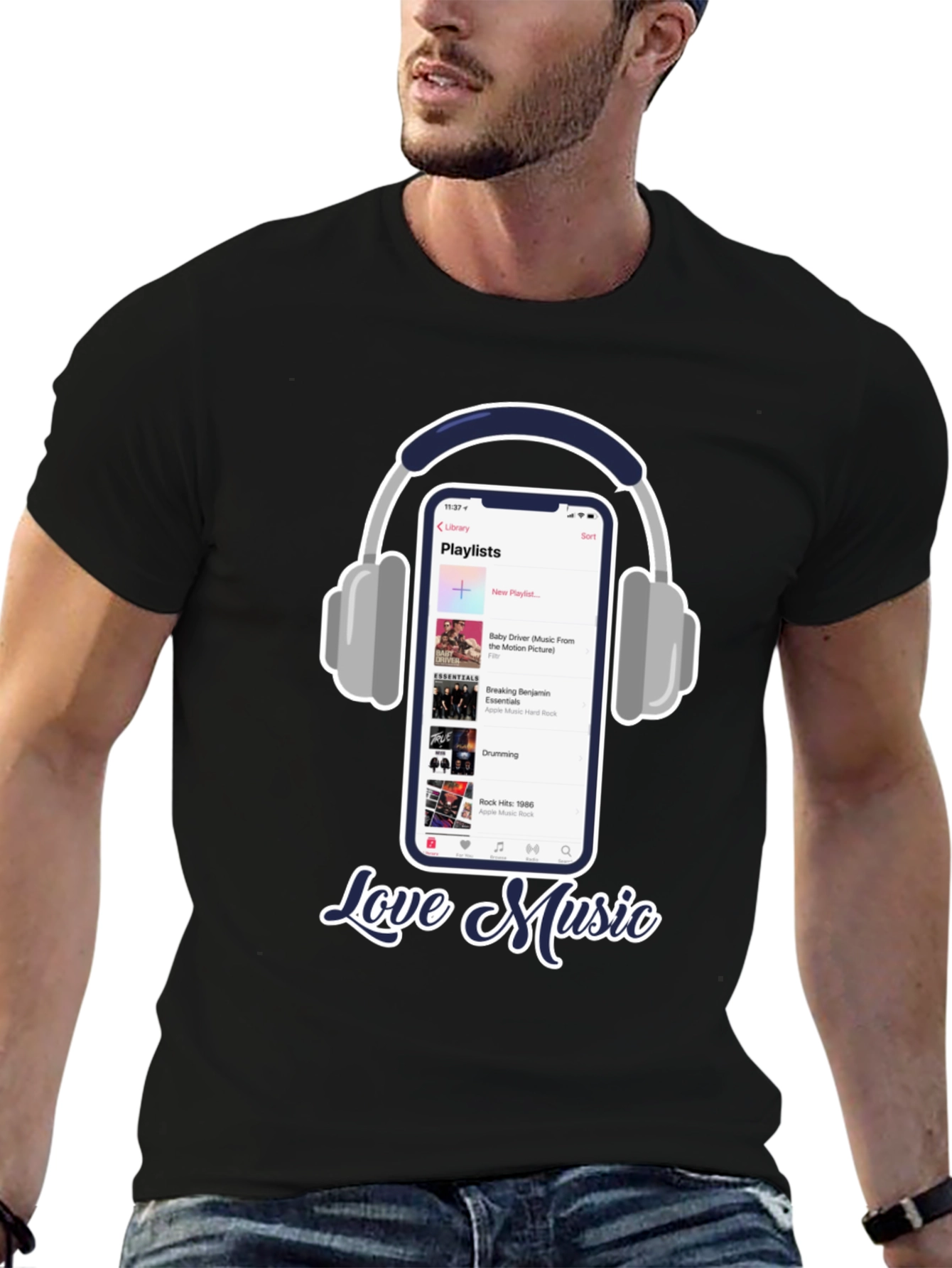 Love Music T-Shirt with Headphones & Playlist Design