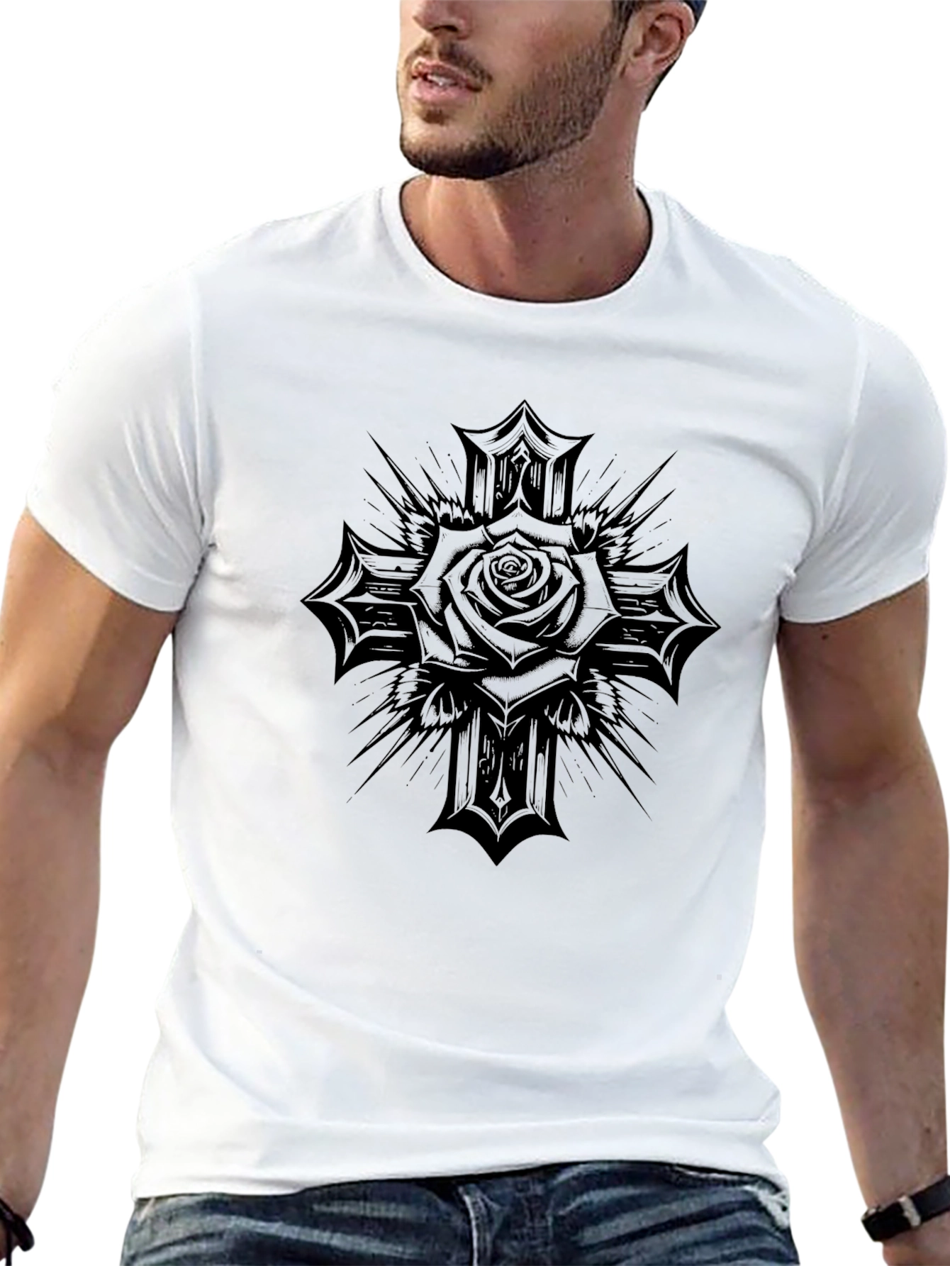 Gothic Rose Cross Graphic Black T-Shirt