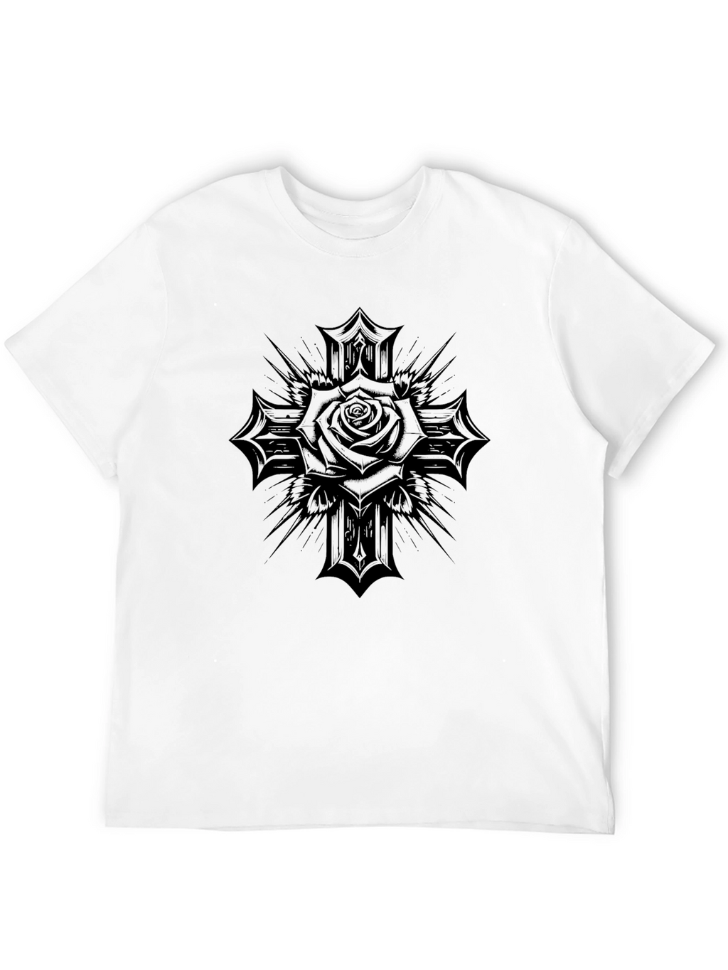 Gothic Rose Cross Graphic Black T-Shirt
