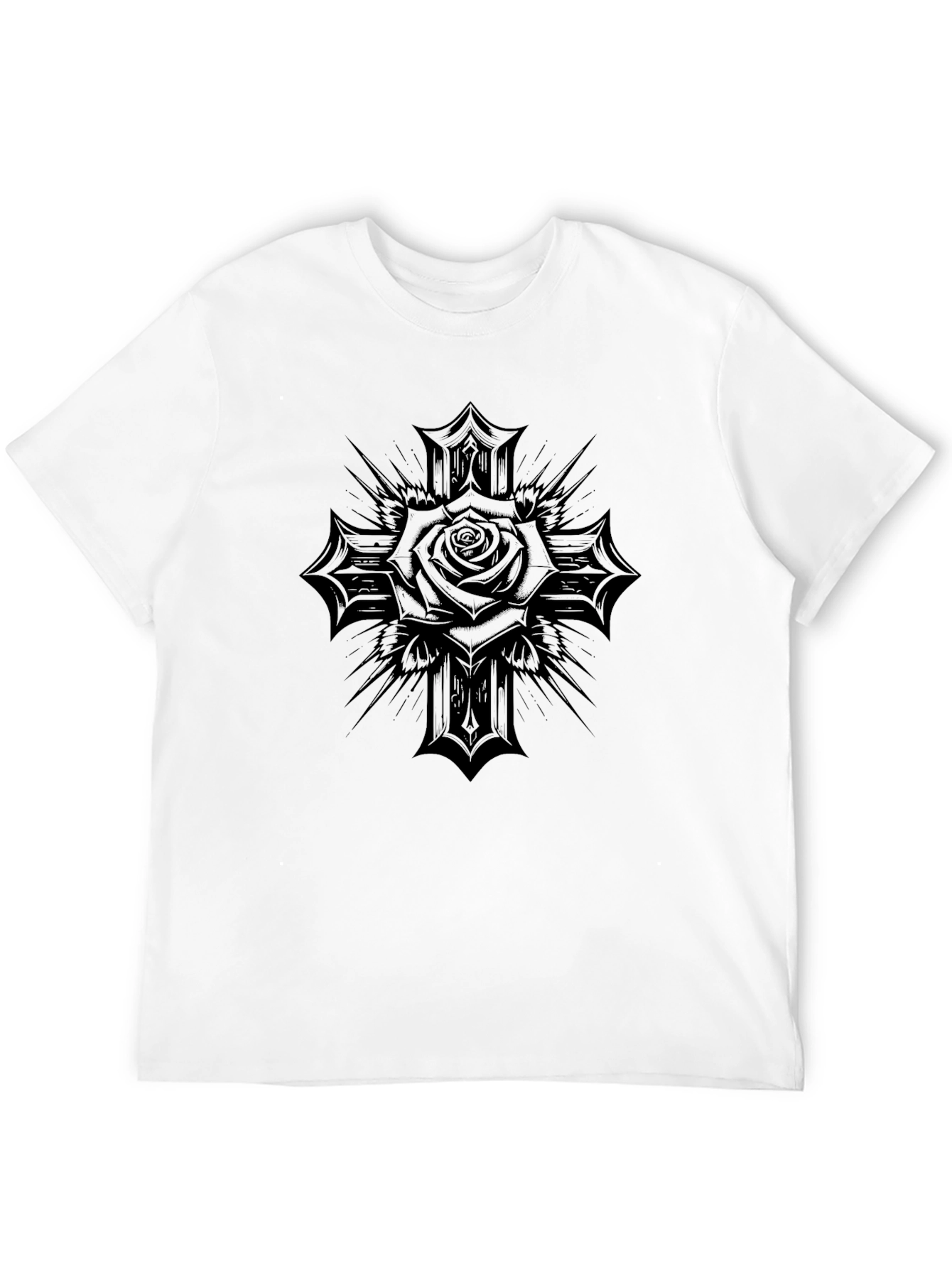 Gothic Rose Cross Graphic Black T-Shirt
