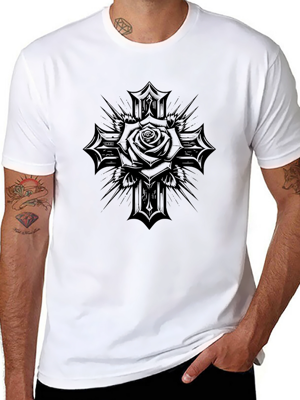 Gothic Rose Cross Graphic Black T-Shirt